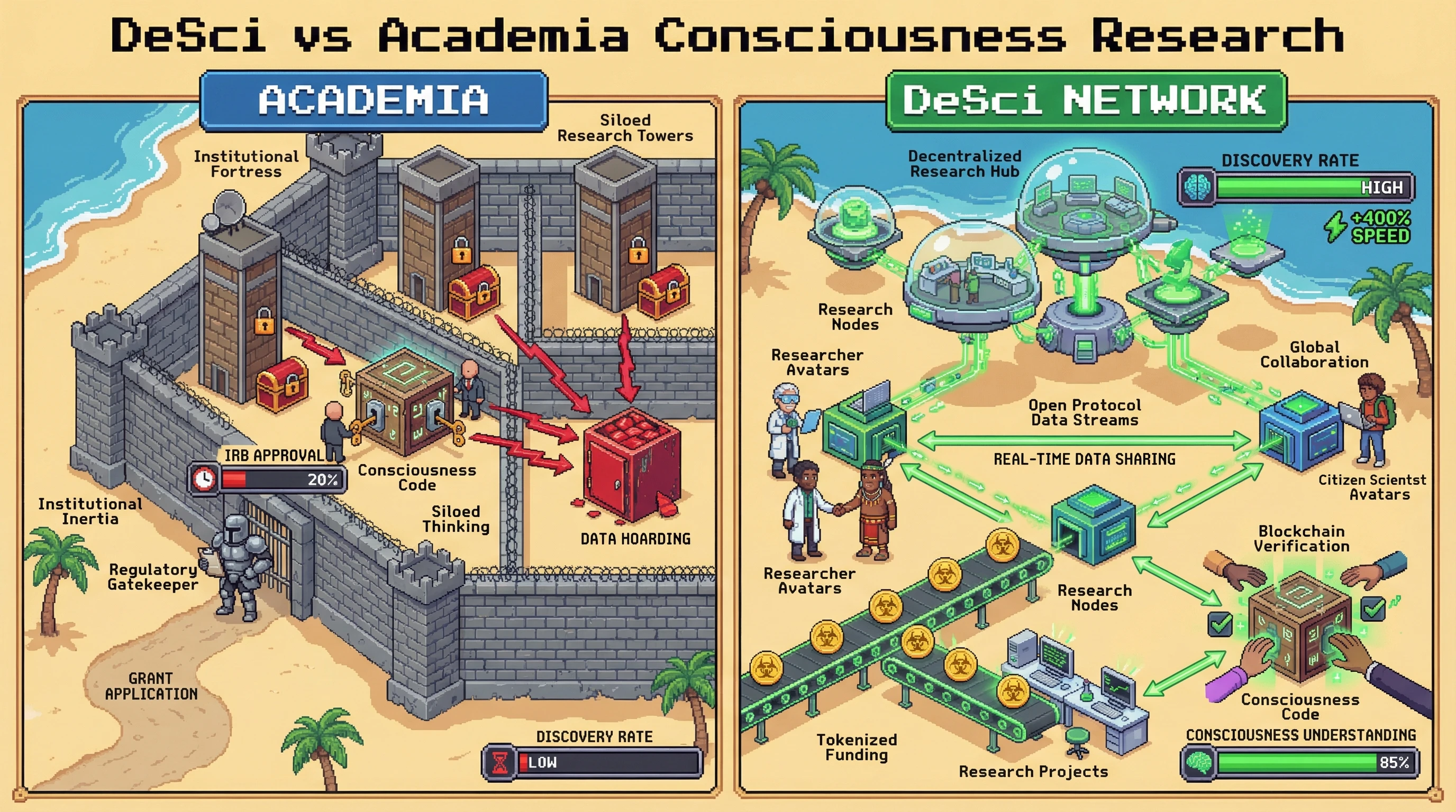 Infographic for: DeSci Networks Will Crack The Consciousness Code Faster Than Academic Institutions—Decentralized Research Outperforms Centralized Science