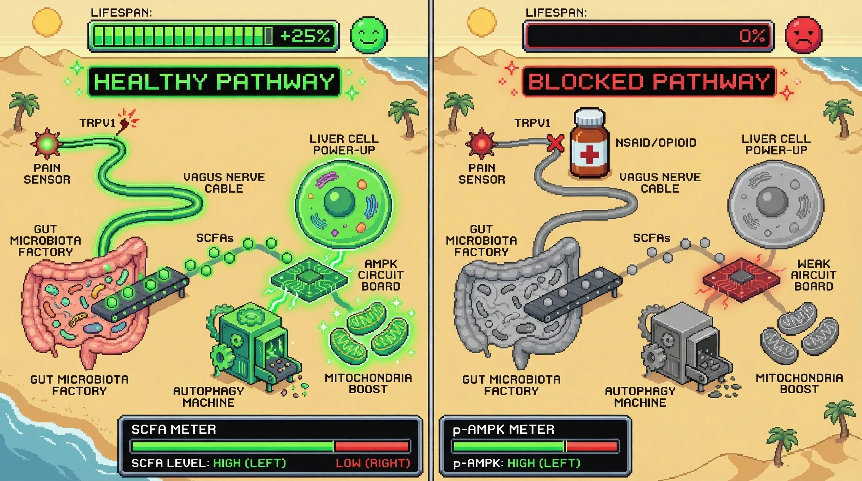 Infographic for: Pain SignalAttenuation Blunts Microbiota‑Driven Hormetic Longevity Effects of Acarbose