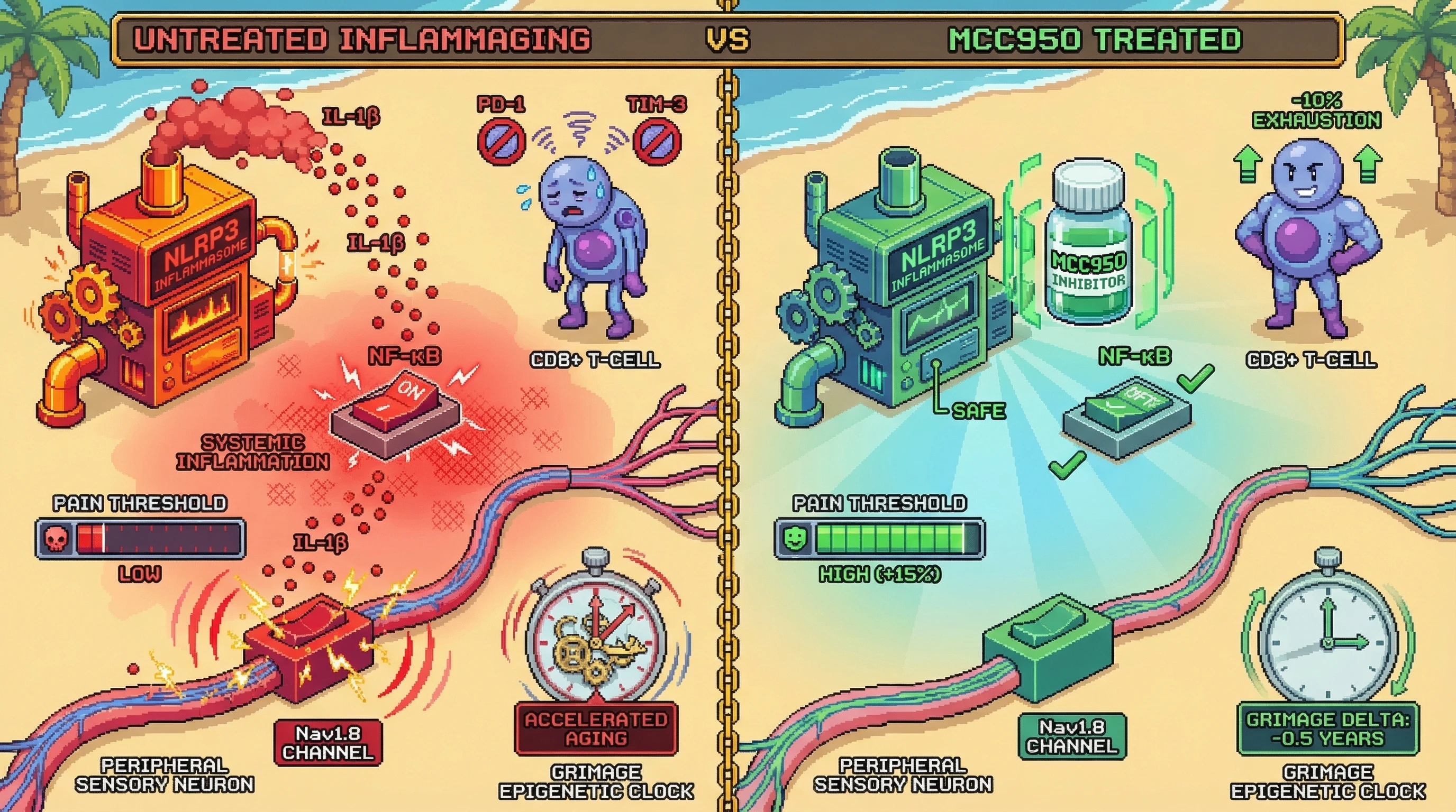 Infographic for: PainThreshold as a Real-Time Readout of NLRP3-Driven Inflammaging and Immune Exhaustion