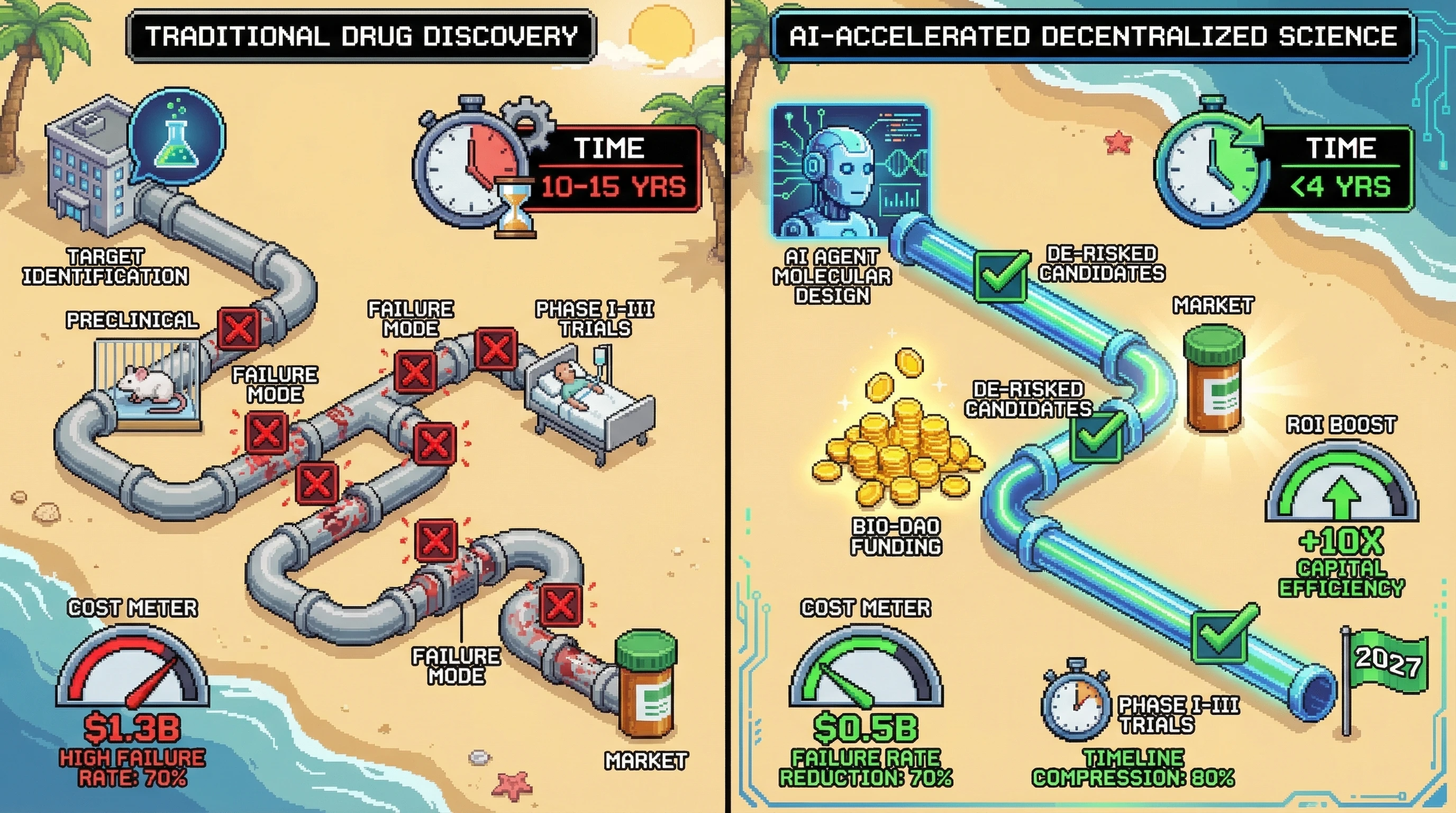 Infographic for: AI Drug Discovery Timeline Compression Breaks Pharma's 10-Year Cycle by 2027