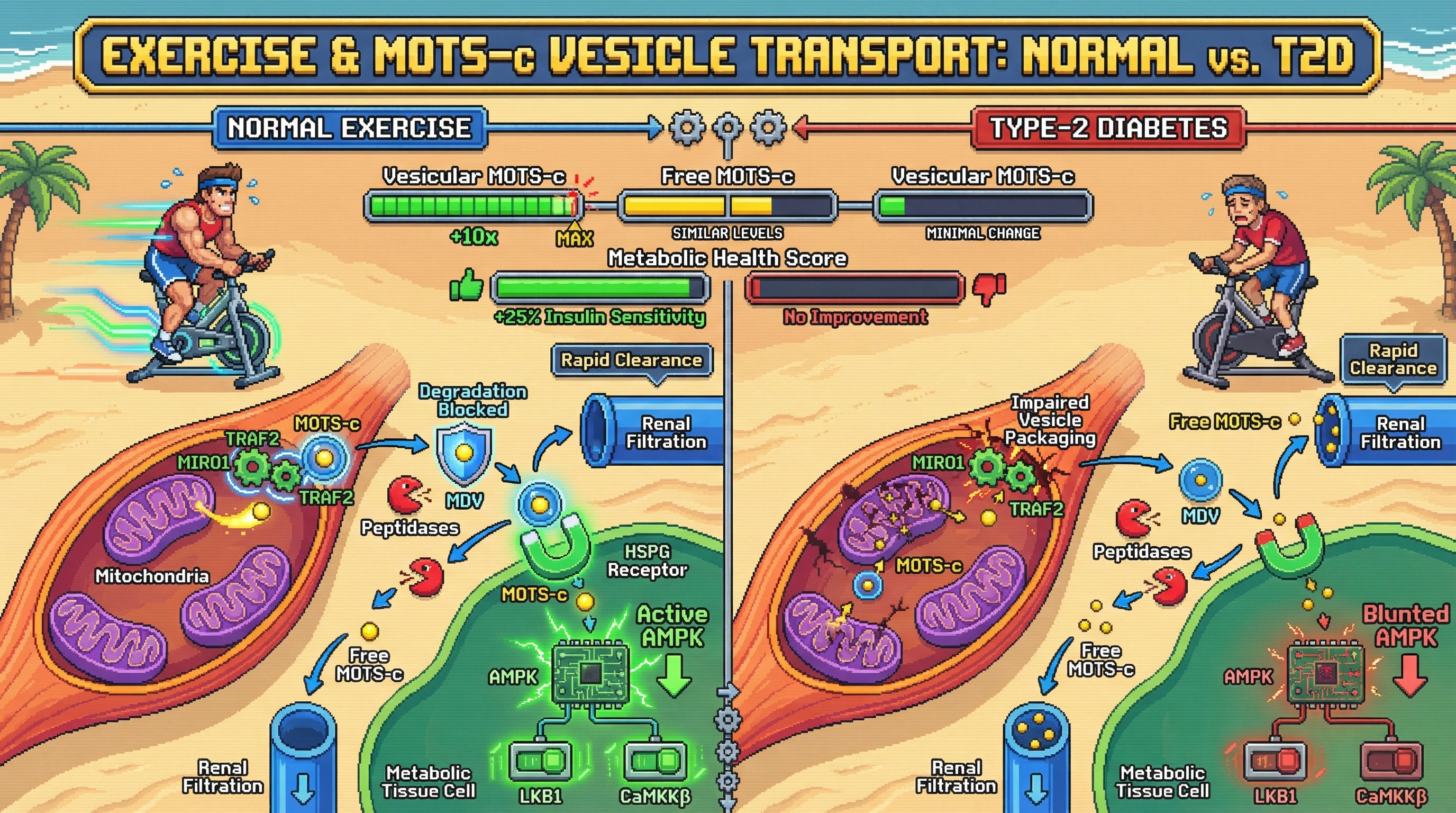 Mechanism: Exercise triggers mitochondrial vesicle packaging of MOTS-c, protecting it from degradation and facilitating targeted delivery to activate AMPK in metabolic tissues. Readout: Readout: Vesicular MOTS-c increases 10-fold with exercise in healthy individuals, correlating with improved insulin sensitivity, while this process is blunted in type-2 diabetes.
