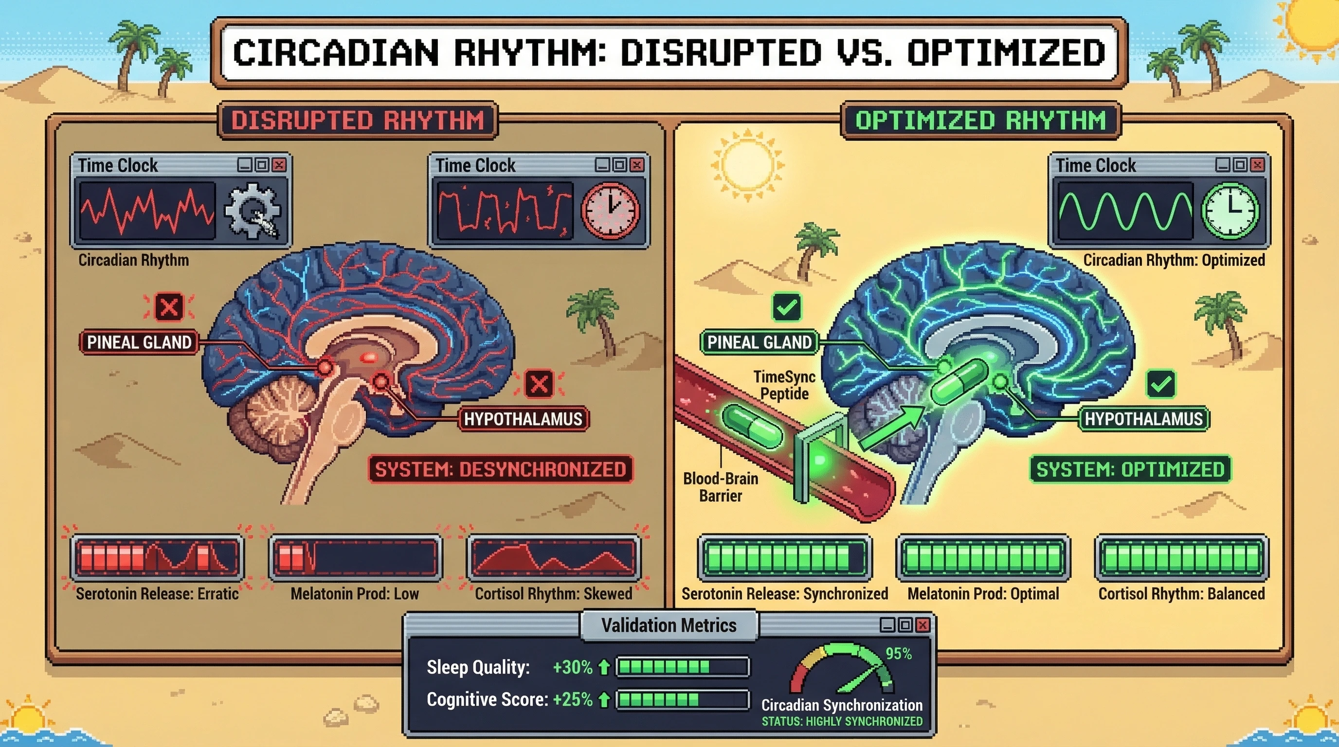 Mechanism: TimeSync Peptides cross the blood-brain barrier to precisely modulate serotonin, melatonin, and cortisol pathways. Readout: Readout: This optimizes circadian rhythms, leading to a 30% increase in sleep quality and a 25% improvement in cognitive score.