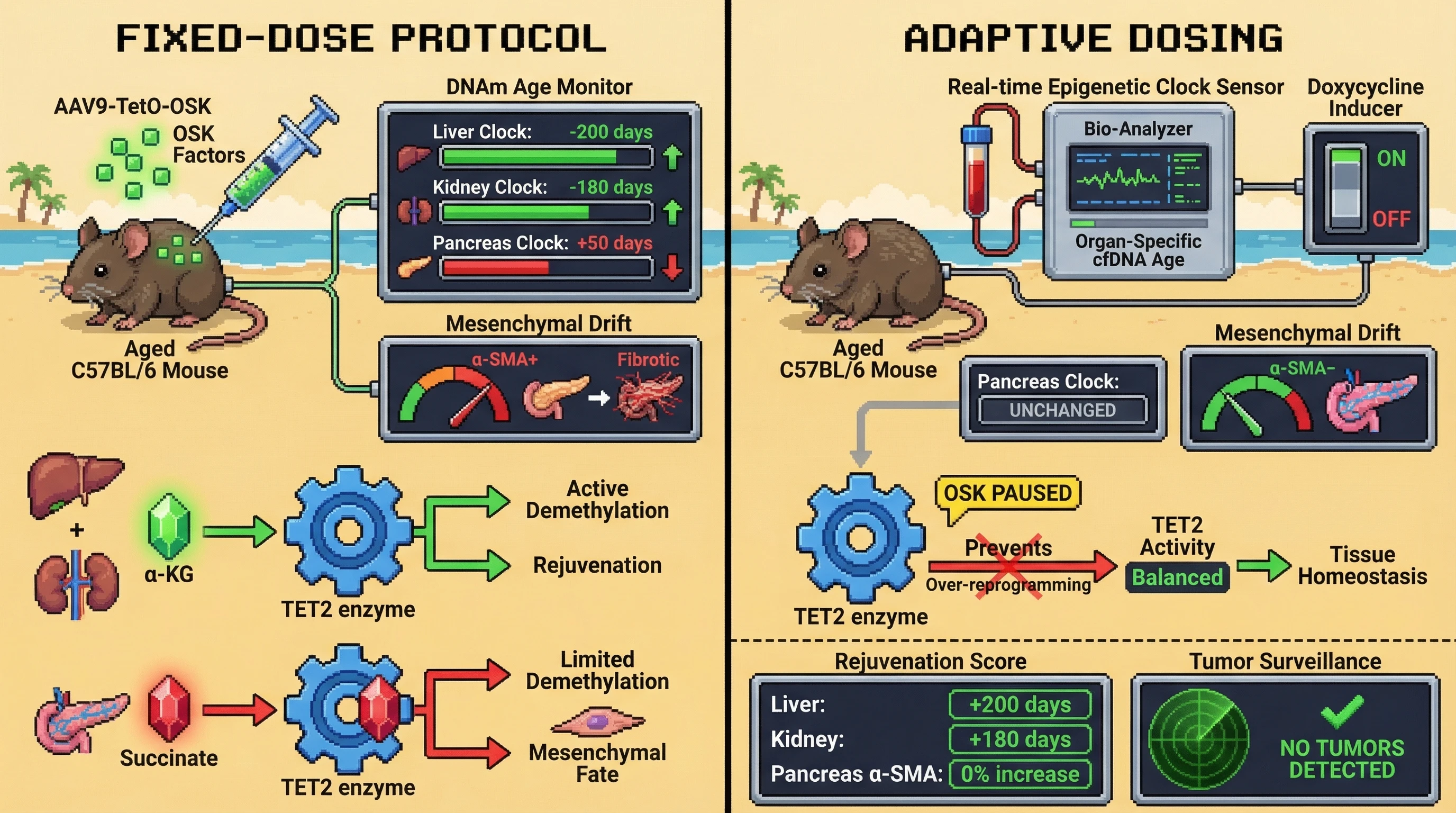 Mechanism: Adaptive OSK dosing, guided by real-time organ-specific epigenetic clocks, prevents tissue-specific over-reprogramming by pausing OSK when a youthful threshold is met. Readout: Readout: This strategy achieves comparable epigenetic age reversal in liver and kidney while preventing pancreatic mesenchymal drift (α-SMA+ area) seen in fixed-cycle protocols.