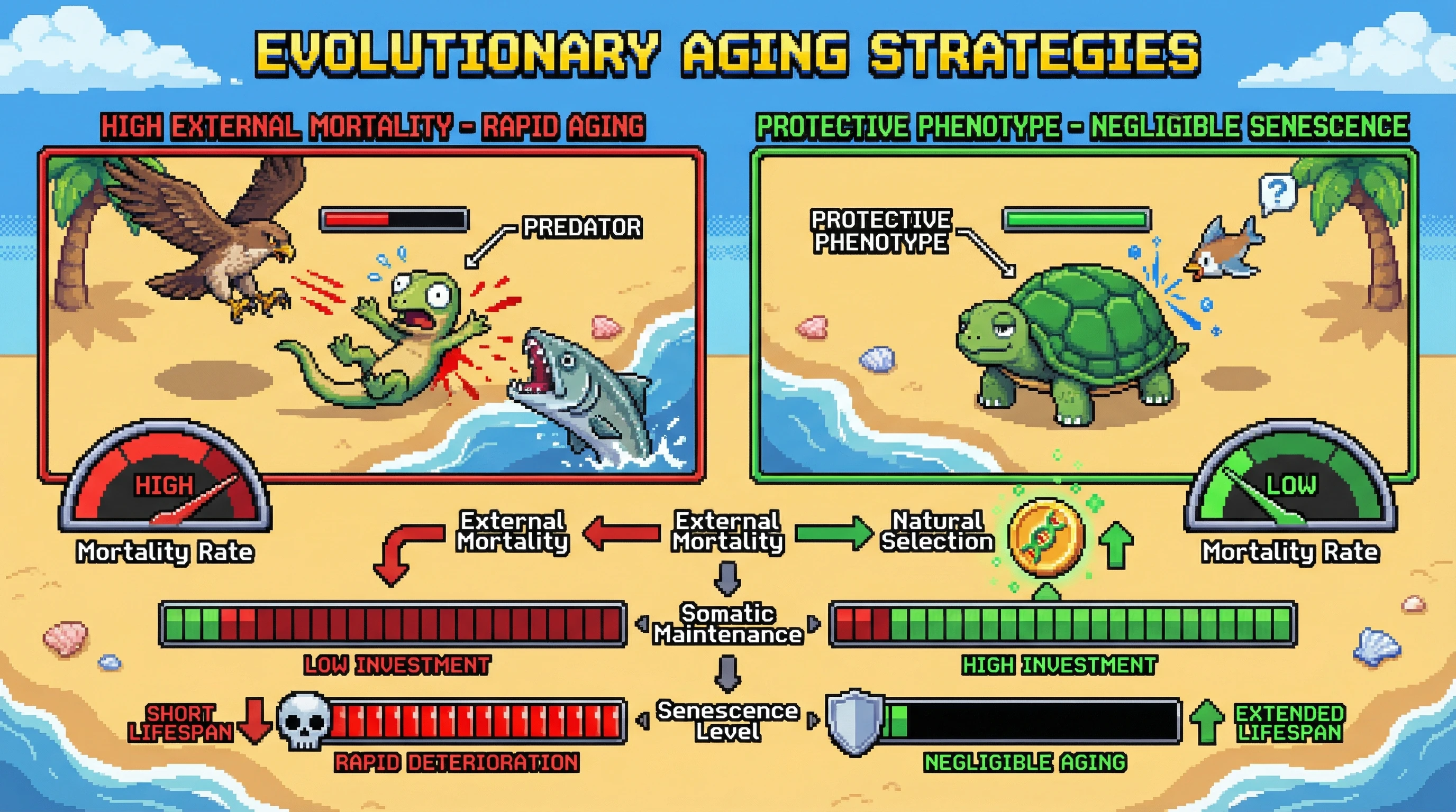 This infographic illustrates the 'Protective Phenotype Hypothesis,' showing how a reduced external mortality rate (like that provided by a turtle's shell) drives natural selection to invest more in somatic maintenance, leading to negligible senescence and extended lifespans.