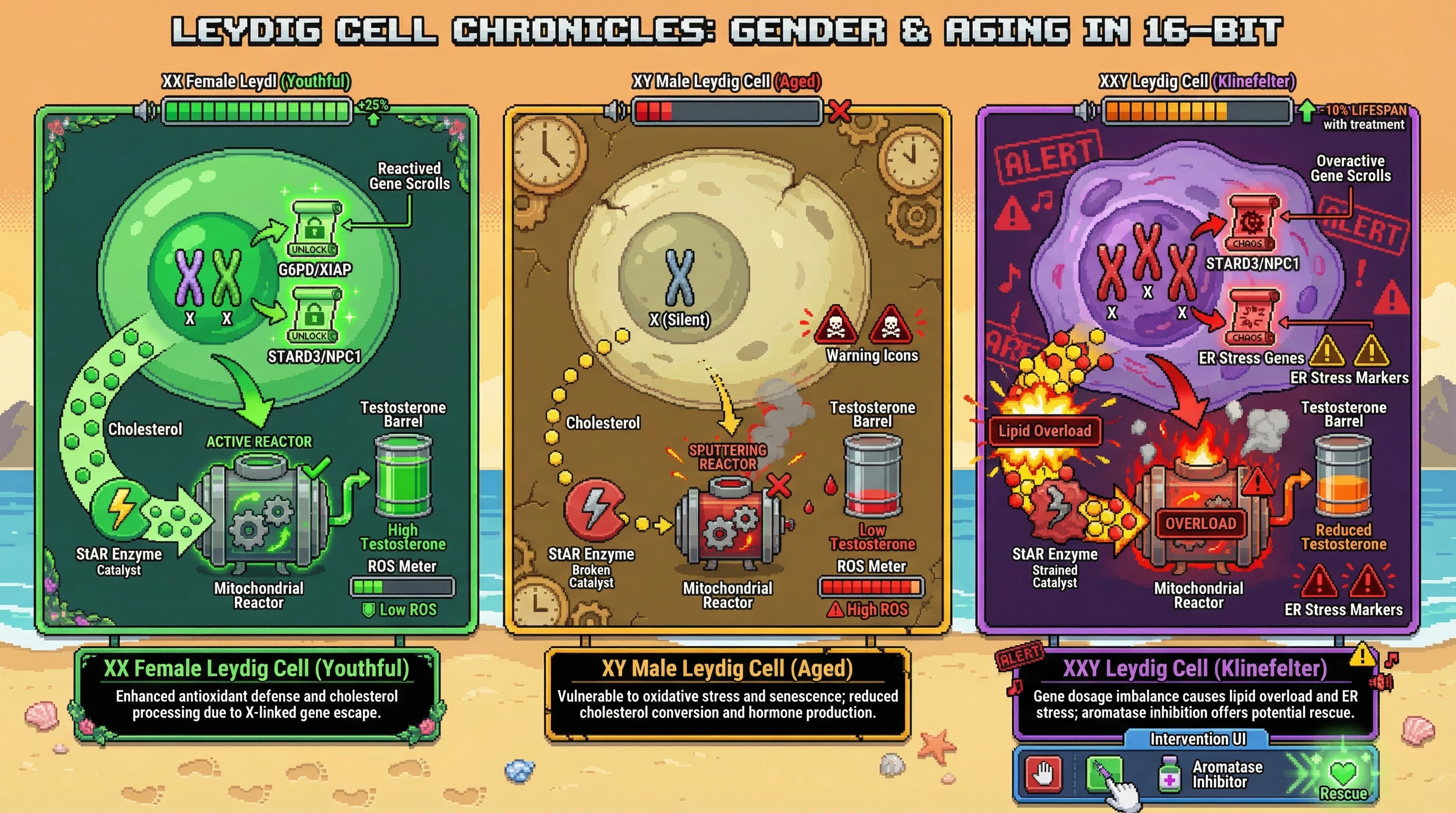 Infographic for: X‑Chromosome Dosage Modulates Leydig Cell Steroidogenesis via Age‑Dependent Escape of Stress‑Response Genes, Linking XX Longevity Advantage to Testicular Endocrine Aging