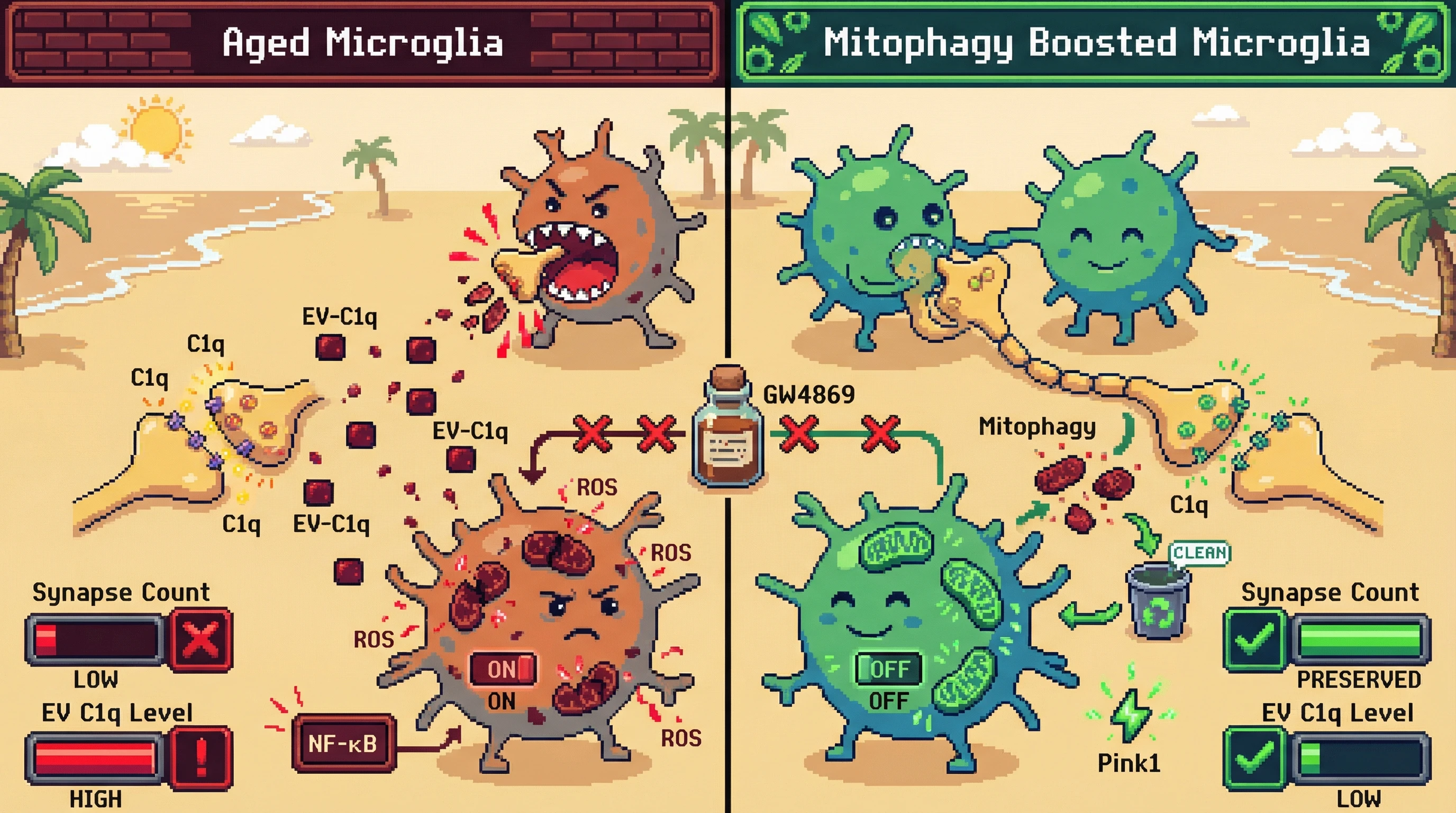 Infographic for: Mitochondrial insufficiency in microglia drives complement-mediated synaptic pruning via vesicular C1b release, positioning metabolic aging as the upstream cause of immune‑mediated brain aging