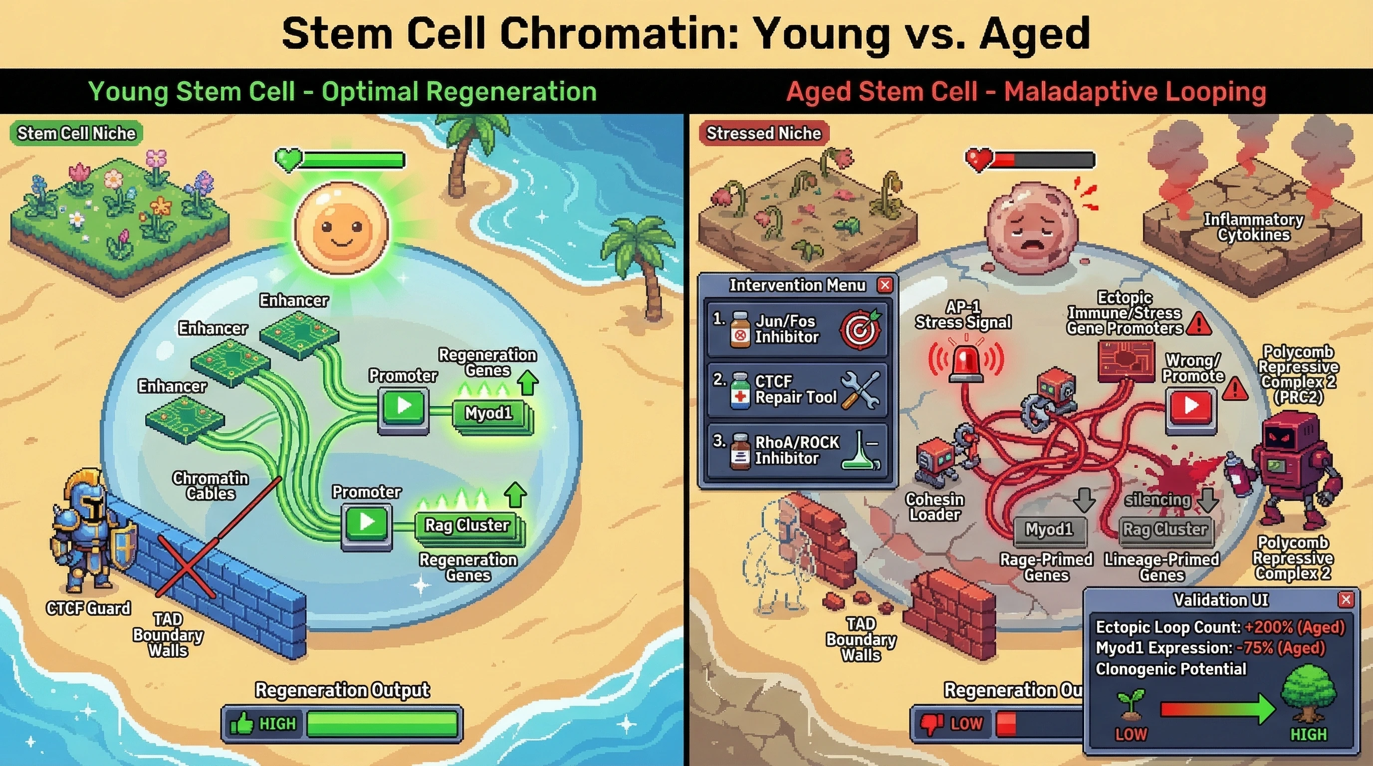 Mechanism: Aged stem cells develop maladaptive enhancer-promoter loops, driven by AP-1 activity and CTCF loss, which recruit PRC2 to silence regeneration genes. Readout: Readout: This leads to reduced Myod1 expression and clonogenic potential, despite open chromatin, which can be reversed by targeted interventions.