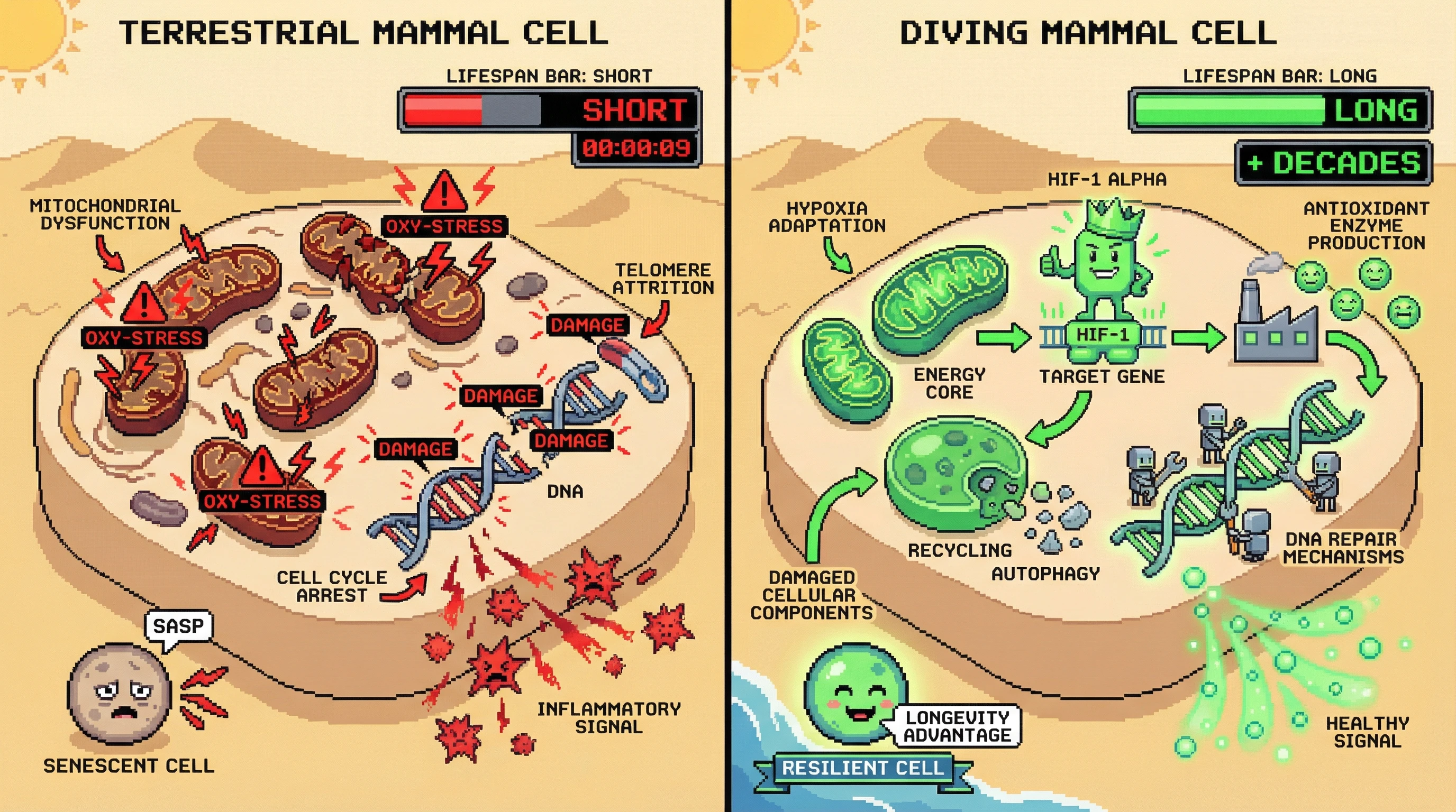 This infographic contrasts how terrestrial mammal cells succumb to hypoxic stress with how diving mammal cells repurpose it through evolved mechanisms like HIF-1α activation and enhanced autophagy to achieve cellular resilience and extended longevity.