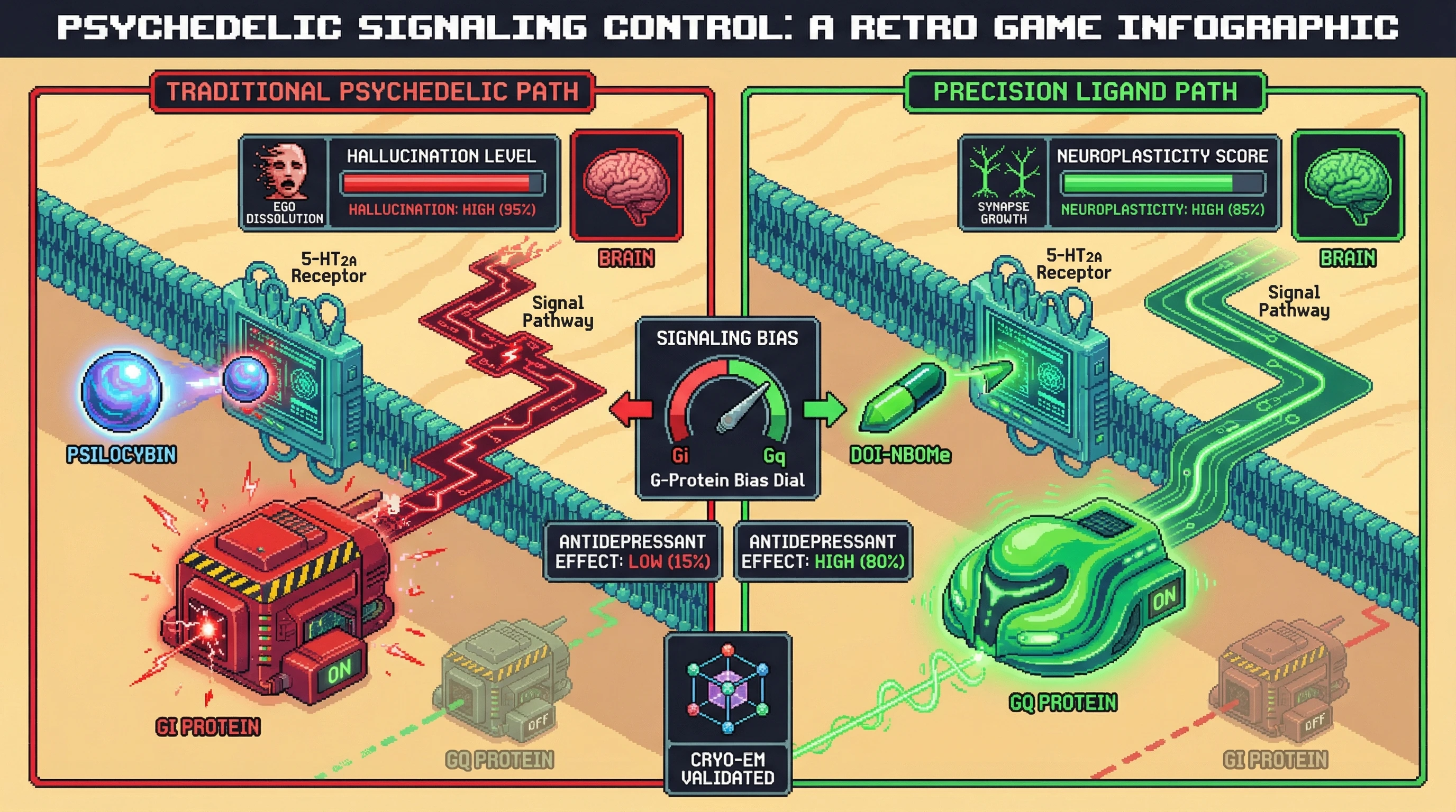 Infographic for: Hallucinations Are Gi Signaling; Healing Is Gq Signaling—Same Receptor, Different G-Protein Pathways