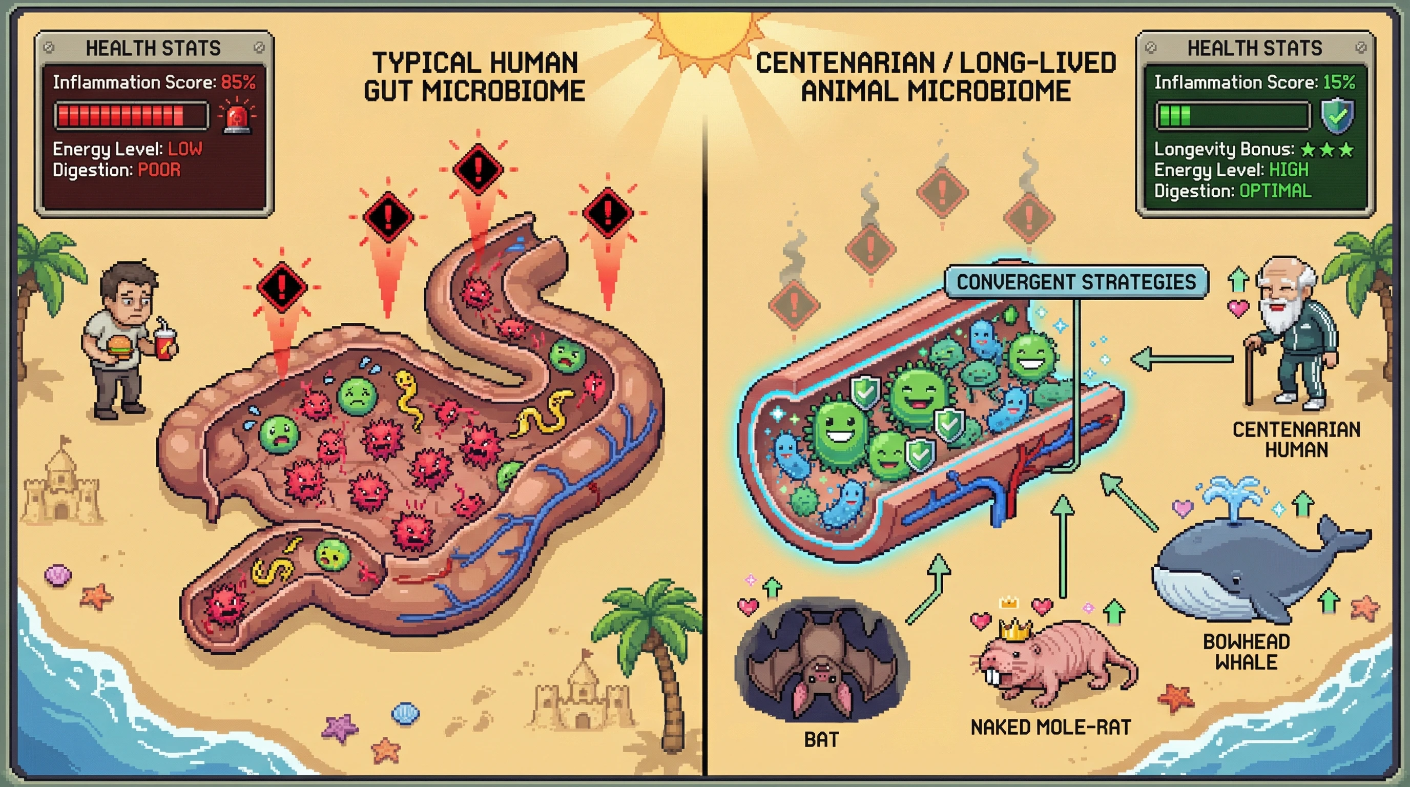 This infographic illustrates how the gut microbiomes of human centenarians strikingly resemble those of other long-lived animals, suggesting convergent evolutionary strategies that lead to significantly reduced systemic inflammation.