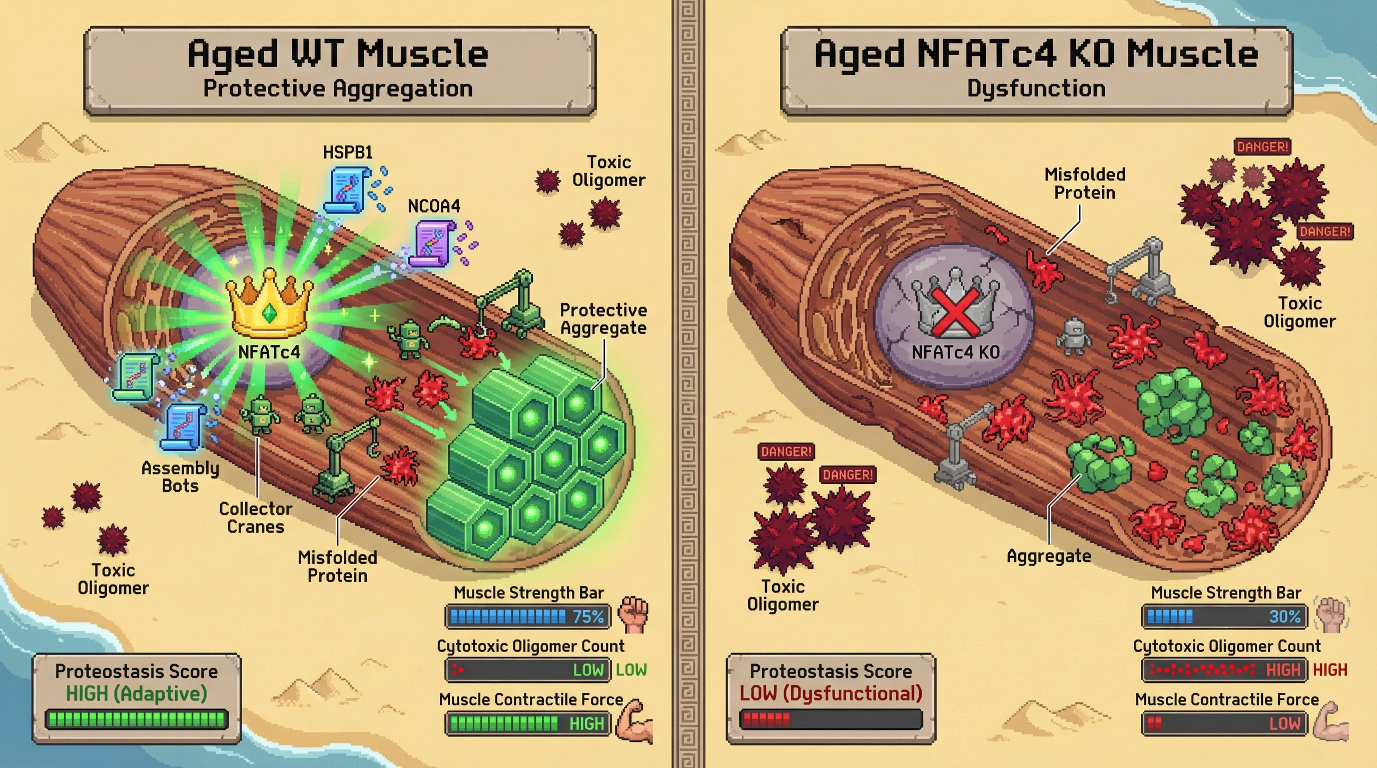 Mechanism: Constitutive nuclear NFATc4 in aged muscle activates gene expression, promoting the formation of protective amyloid-like aggregates that sequester misfolded proteins. Readout: Readout: NFATc4 knockdown reduces these aggregates, leading to increased toxic oligomers and impaired muscle contractile force.