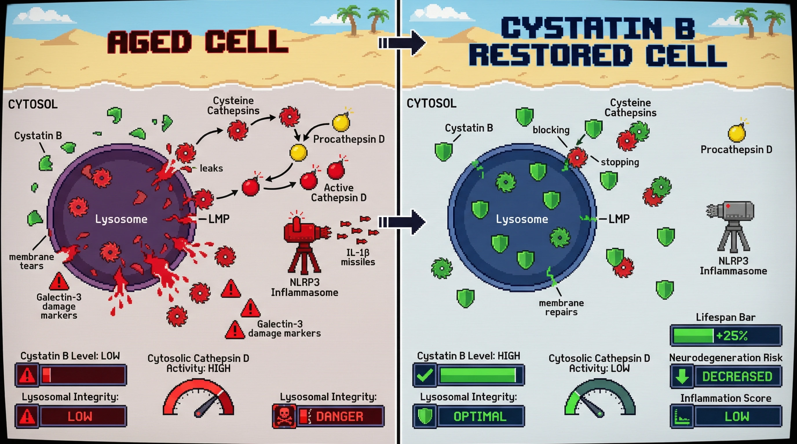 Mechanism: Age-associated decline of Cystatin B unleashes cysteine cathepsins, causing lysosomal membrane damage and activating cytosolic Cathepsin D, intensifying inflammaging. Readout: Readout: Restoring Cystatin B reduces cytosolic Cathepsin D activity, decreases inflammation scores, and increases organismal lifespan by 25%.
