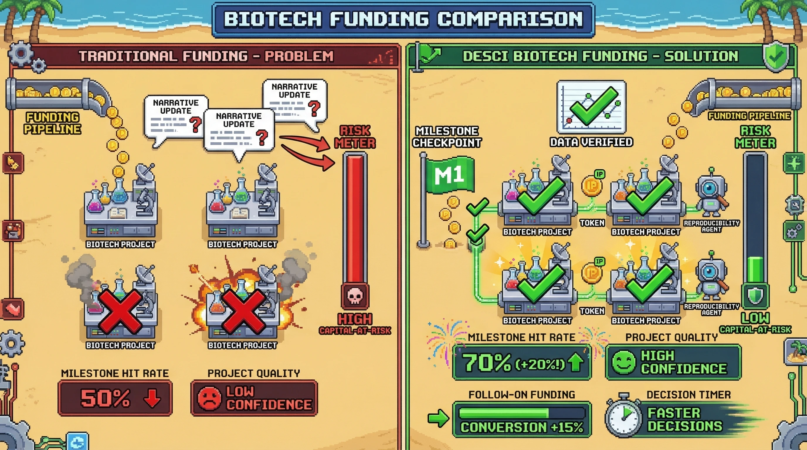 Mechanism: DeSci Biotech combines IP tokenization, milestone-based funding, and reproducibility evaluation to guide capital to stronger science. Readout: Readout: Milestone hit rates improve by 20%, capital-at-risk on low-quality projects decreases, and follow-on decisions become faster.