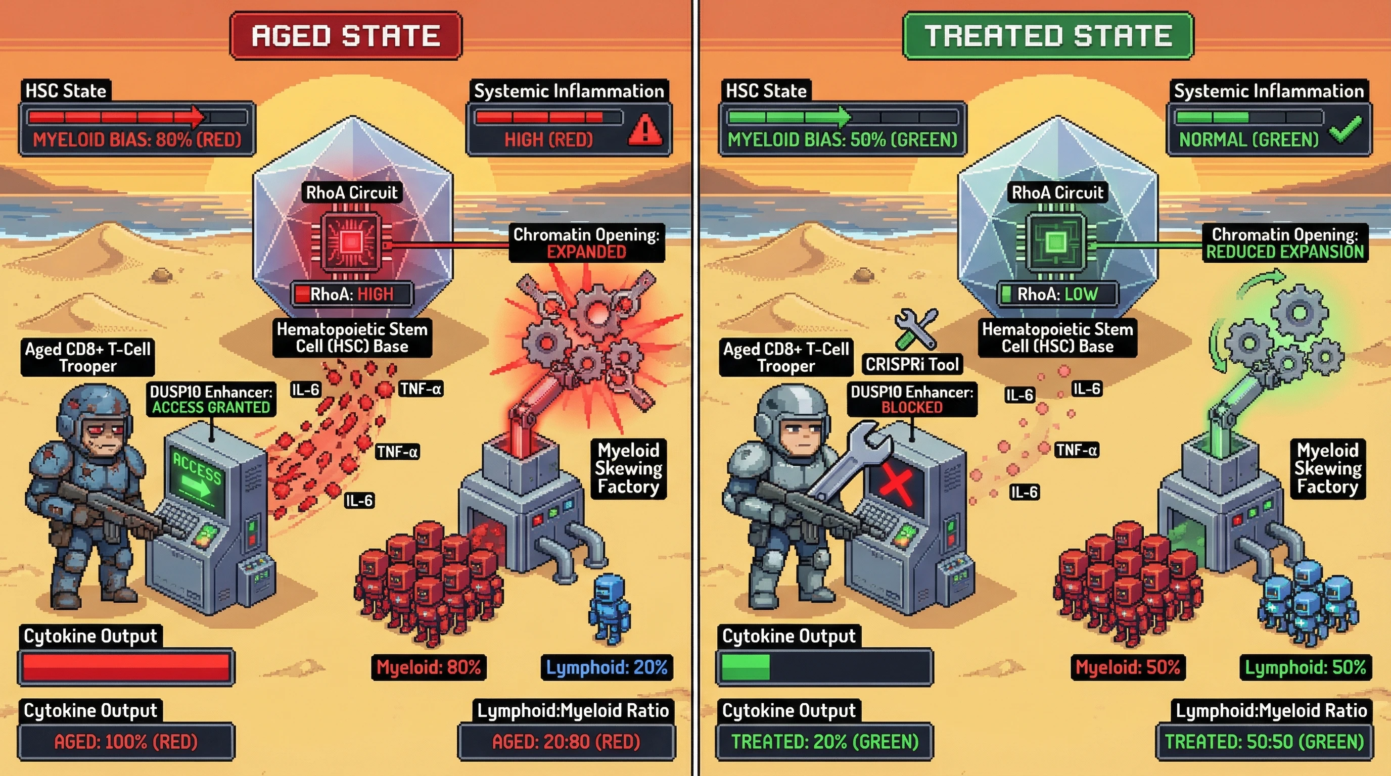 Infographic for: BlockingDUSP10 enhancer accessibility in aged memory CD8+ T cells reverses hematopoietic stem cell chromatin opening and myeloid bias