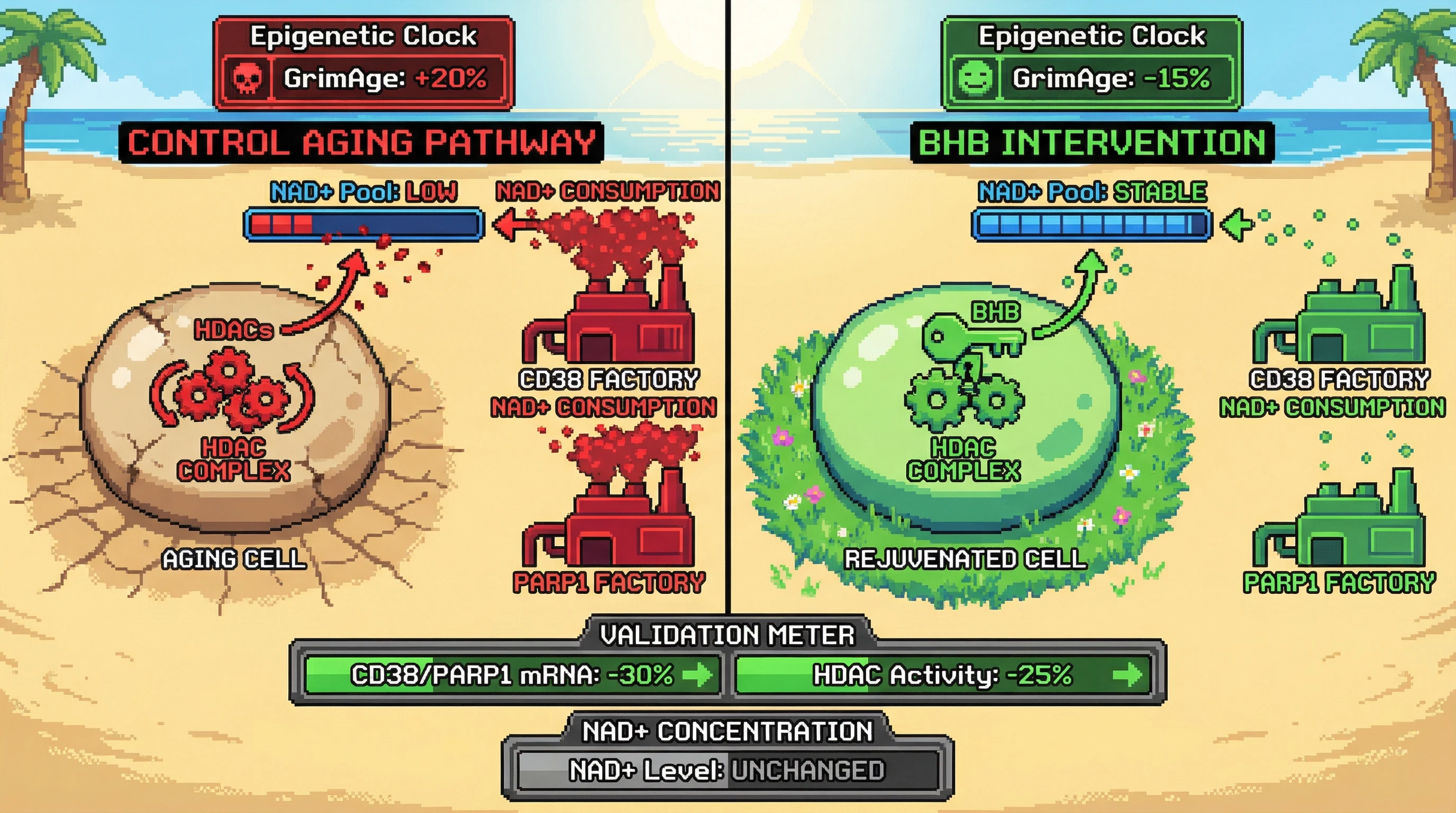 Infographic for: BHB-Induced HDAC Inhibition Rewires NAD+ Consumption to Reveal Adaptive Metabolic Downshift in Aging