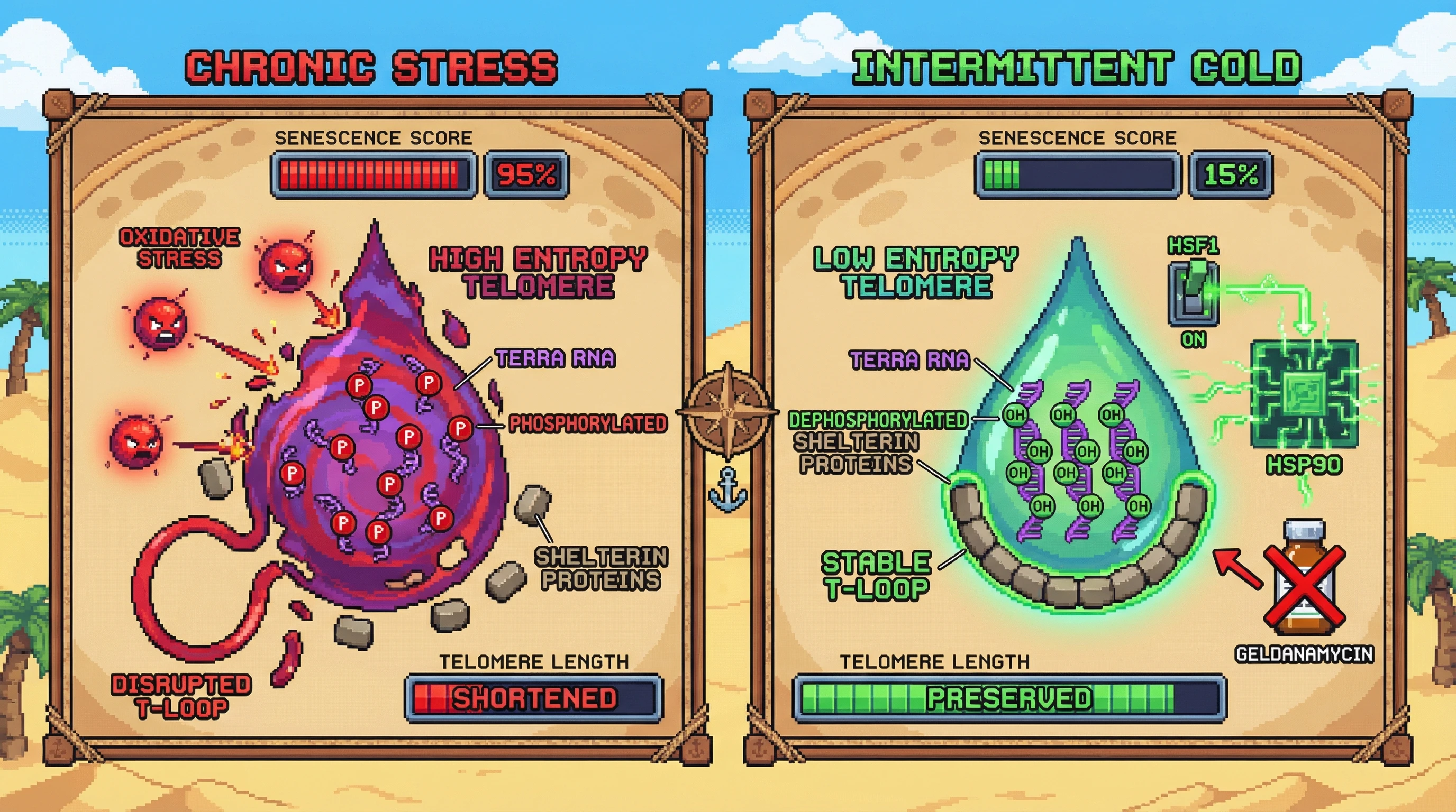 Infographic for: Intermittent Cold Exposure Lowers Telomeric Entropy via Shelterin‑TERRA Phase Separation to Delay Senescence
