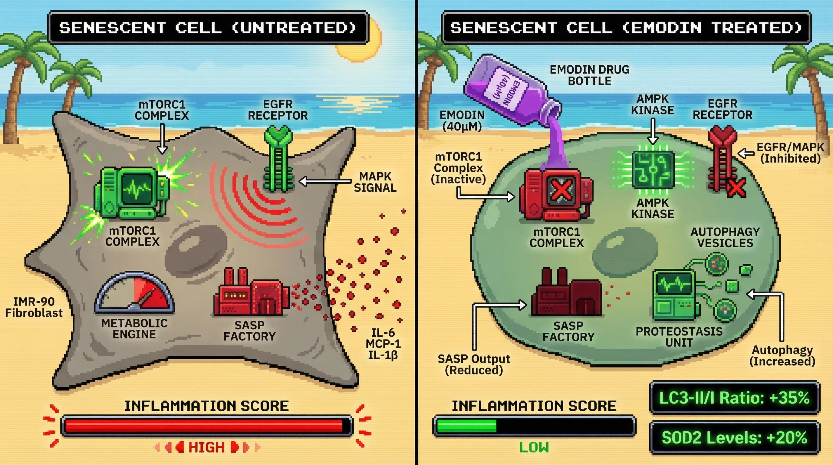 Mechanism: Emodin treats senescent cells by inhibiting the mTORC1 complex and EGFR/MAPK pathway while activating AMPK, shifting them from pro-inflammatory to a quiescent state. Readout: Readout: This leads to a reduction in SASP factors (IL-6, MCP-1, IL-1β) and an increase in autophagy (LC3-II/I ratio) and SOD2 levels.