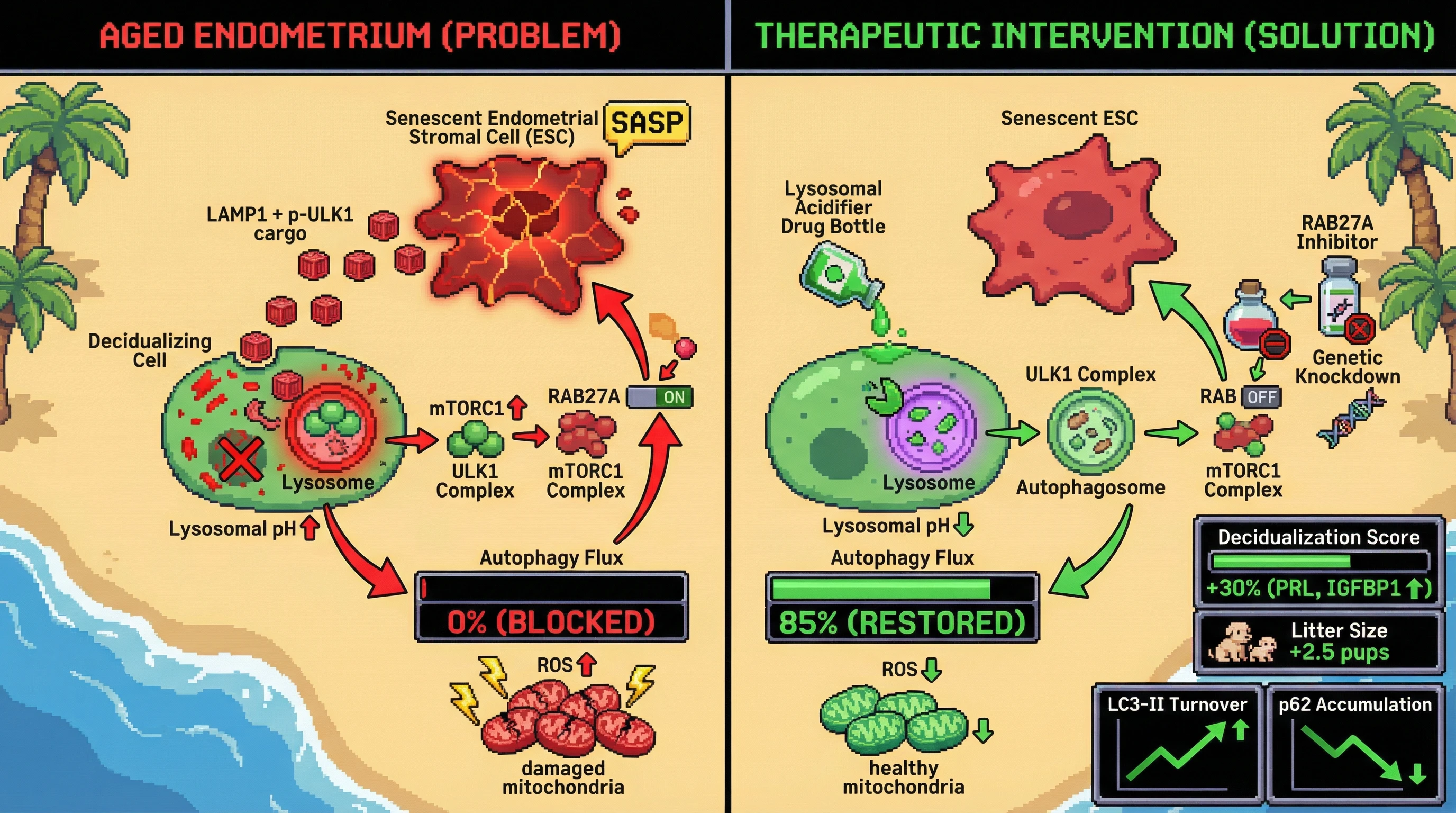 Mechanism: Senescent stromal cells release exosomes that cause lysosomal dysfunction in neighboring decidualizing cells, trapping autophagy initiators and blocking autophagic flux. Readout: Readout: Lysosomal reacidification or exosome blockade restores autophagy, increasing decidualization markers and litter size, and reversing LC3-II/p62 imbalance.