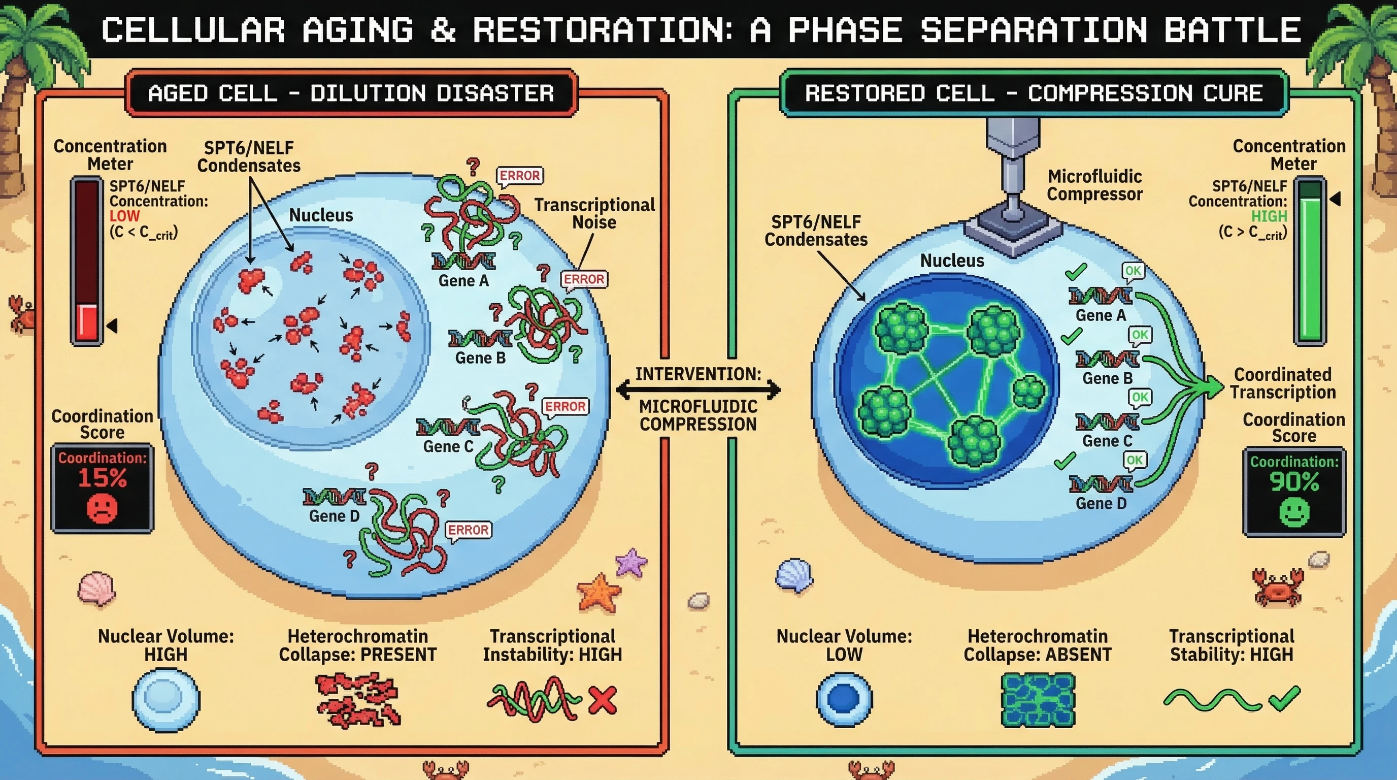 Mechanism: Aging-induced nuclear volume expansion dilutes key transcription factors (SPT6/NELF), causing phase-separated condensates to dissolve and leading to transcriptional chaos. Readout: Readout: Physically compressing senescent cells restores nuclear factor concentration, rebuilds condensates, and increases gene-to-gene coordination from 15% to 90%.