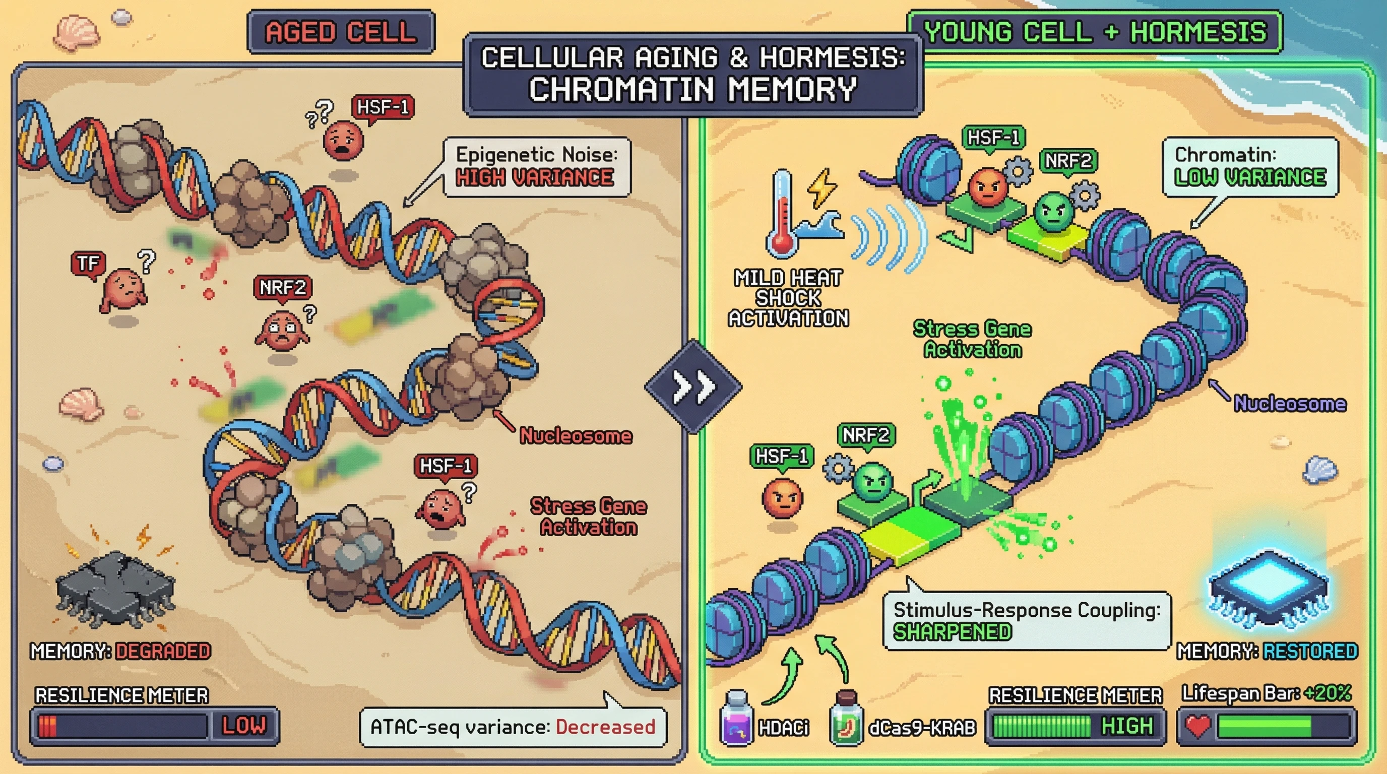 Mechanism: Hormesis reduces chromatin accessibility variance, allowing HSF-1/NRF2 to precisely bind stress genes, sharpening stimulus-response coupling and restoring epigenetic memory. Readout: Readout: This process, which deteriorates with age, can be rescued by HDAC inhibitors and correlates with increased resilience and lifespan.