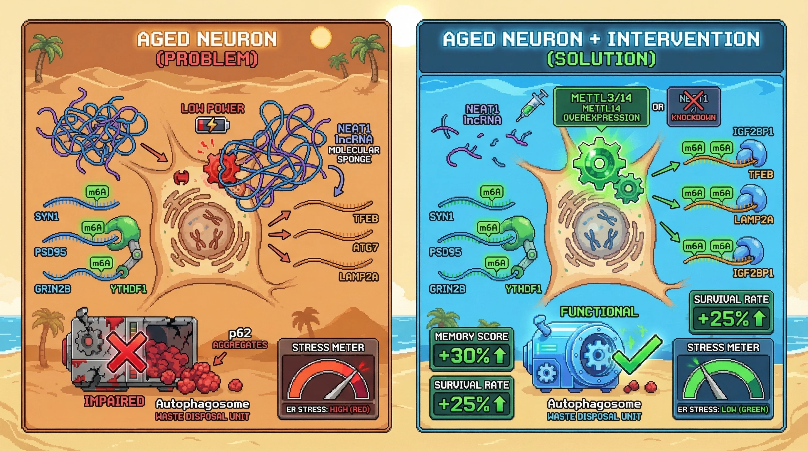Mechanism: Aging reduces METTL3/14 activity, and competitive lncRNAs sequester it, leading to selective m6A loss on autophagy transcripts but not synaptic ones. Readout: Readout: Interventions restore m6A on autophagy genes, reduce p62 aggregates, and improve memory and cell survival under stress.