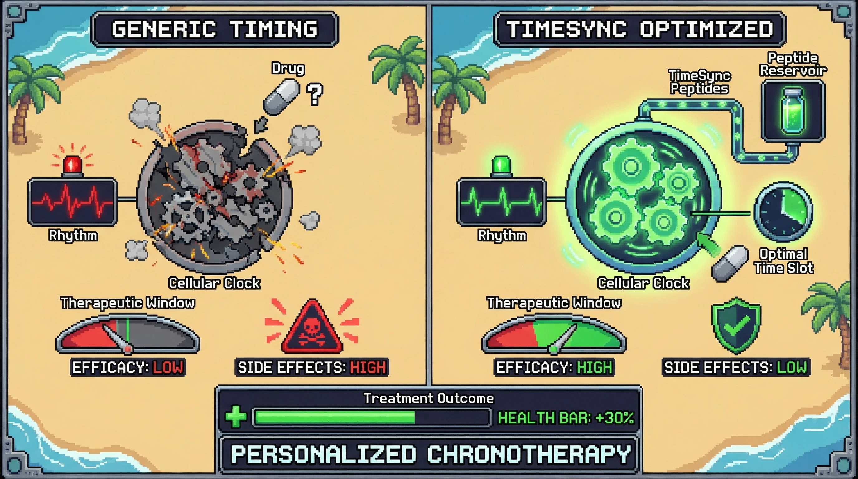 Mechanism: TimeSync peptides synchronize cellular clocks, enabling precise drug administration at optimal circadian windows. Readout: Readout: This leads to significantly enhanced therapeutic efficacy and reduced side effects, visually represented by improved health and treatment outcomes.