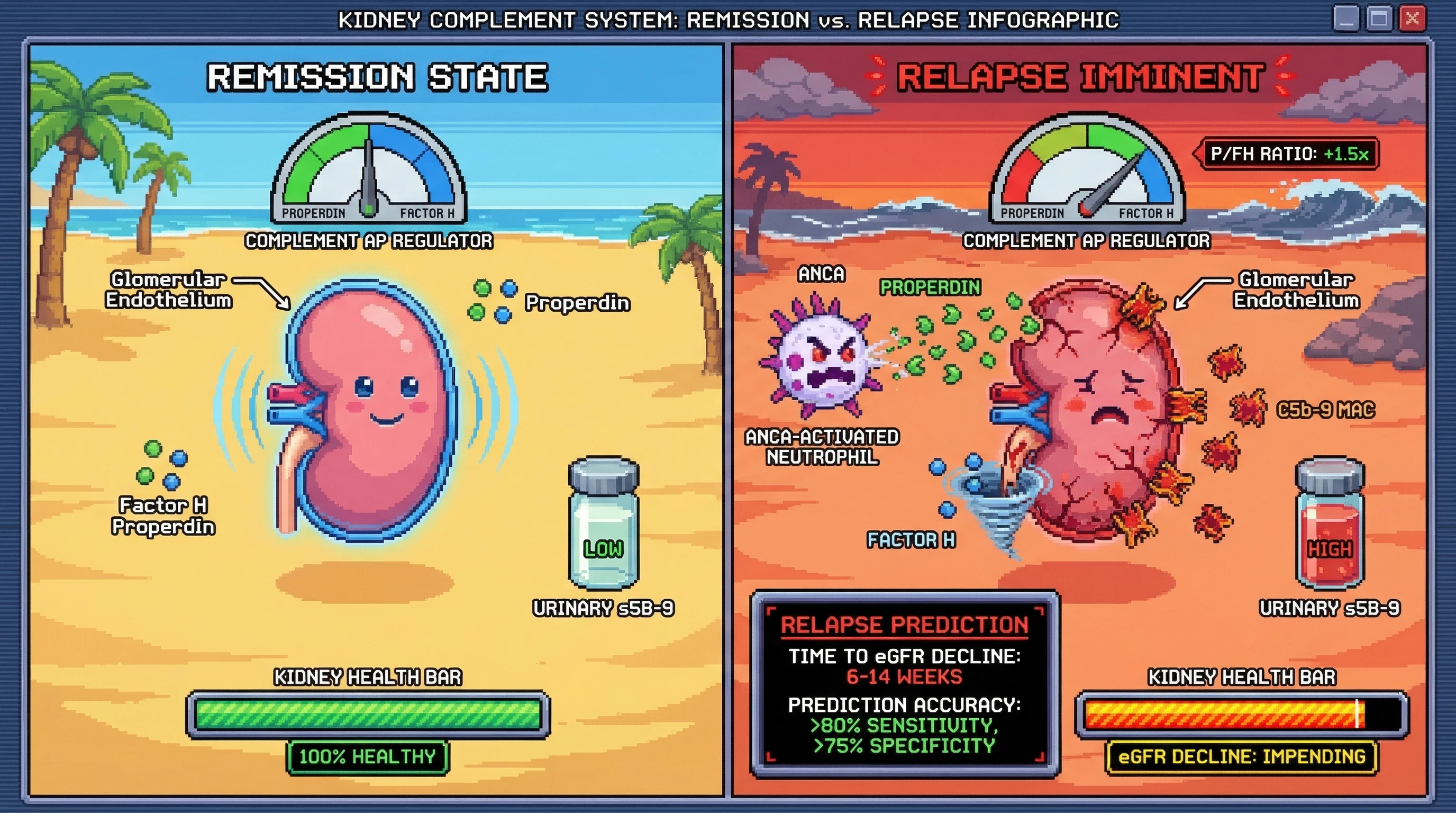 Infographic for: Serum Properdin/Factor H Ratio Kinetics Combined With Urinary C5b-9 Excretion Predict Renal Relapse in ANCA-Associated Vasculitis 6–14 Weeks Before eGFR Decline