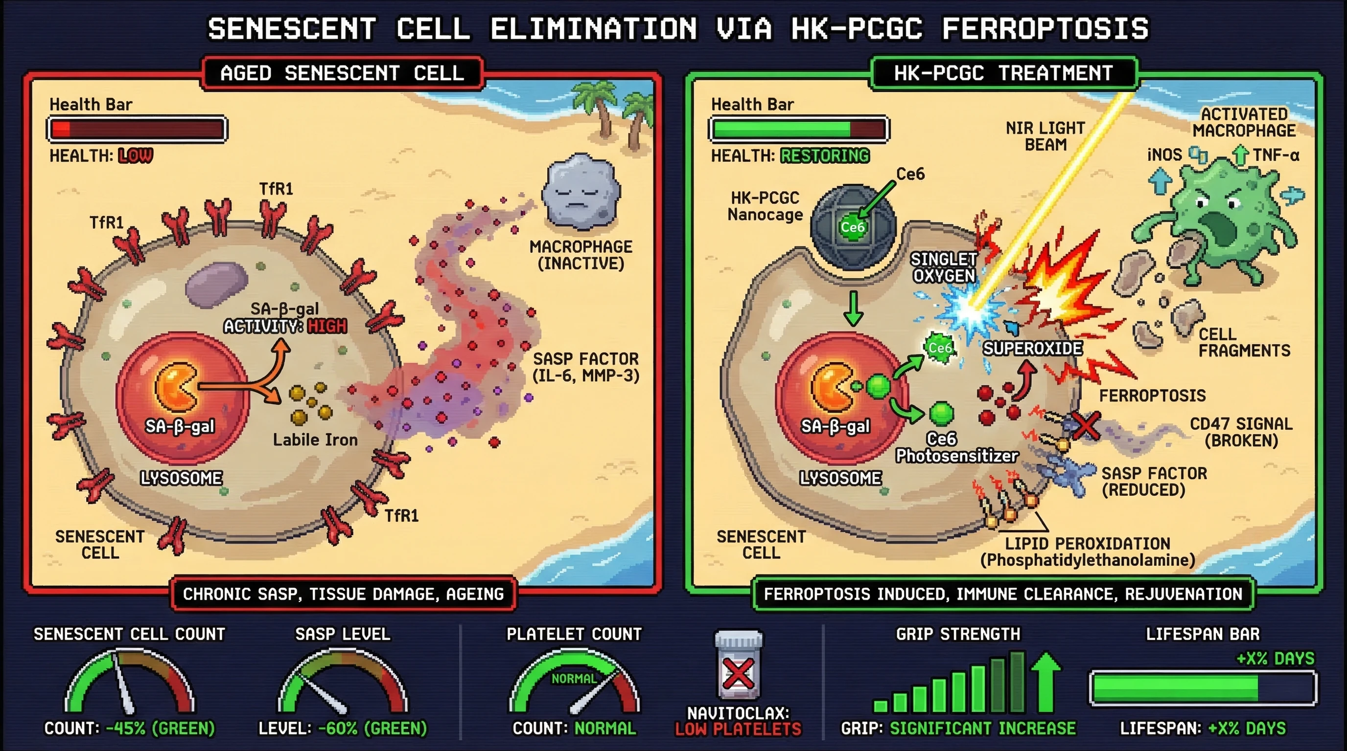 Mechanism: HK-PCGC targets senescent cells via SA-β-gal-activated Ce6 photosensitizer and ferritin-iron, inducing ferroptotic cell death upon near-infrared light activation. Readout: Readout: This leads to superior senescent cell clearance, significantly reduced SASP factors, and prevents thrombocytopenia compared to traditional senolytics.