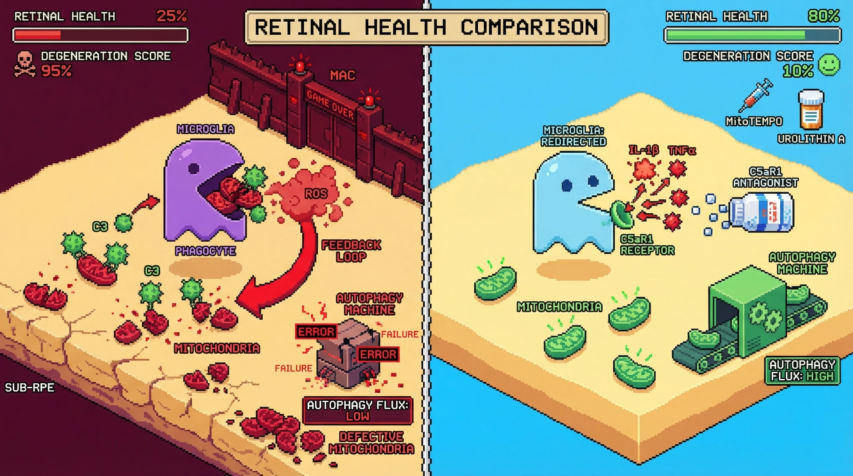 Infographic for: Complement C3 drives a mitochondrial‑autophagy feedback loop that amplifies retinal degeneration in aging, and its loss unmasks alternative inflammatory pathways