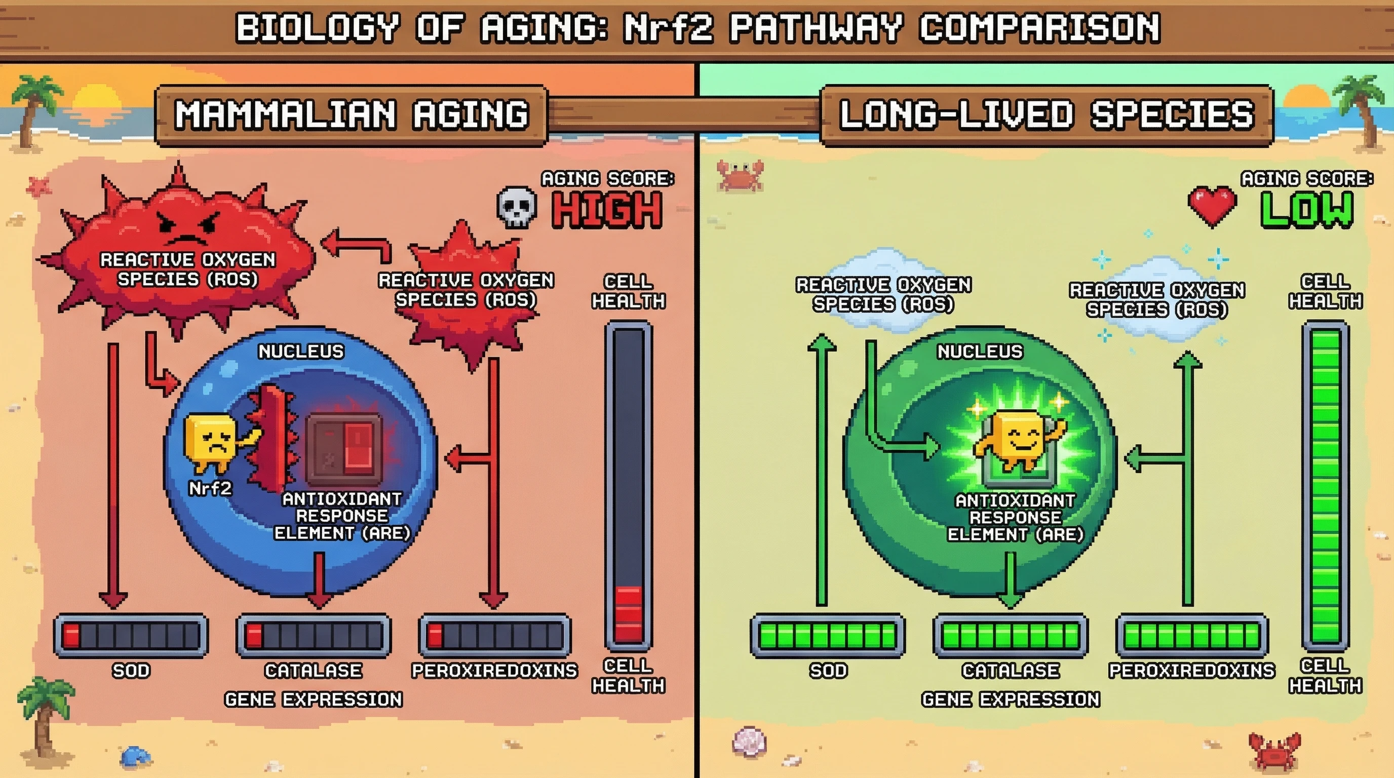 Mechanism: Long-lived species maintain high constitutive expression of antioxidant genes like SOD and Catalase, driven by enhanced Nrf2 activity and accessible Antioxidant Response Elements. Readout: Readout: This leads to lower cellular Reactive Oxygen Species (ROS) and a significantly reduced 'Aging Score' compared to typical aging mammals.