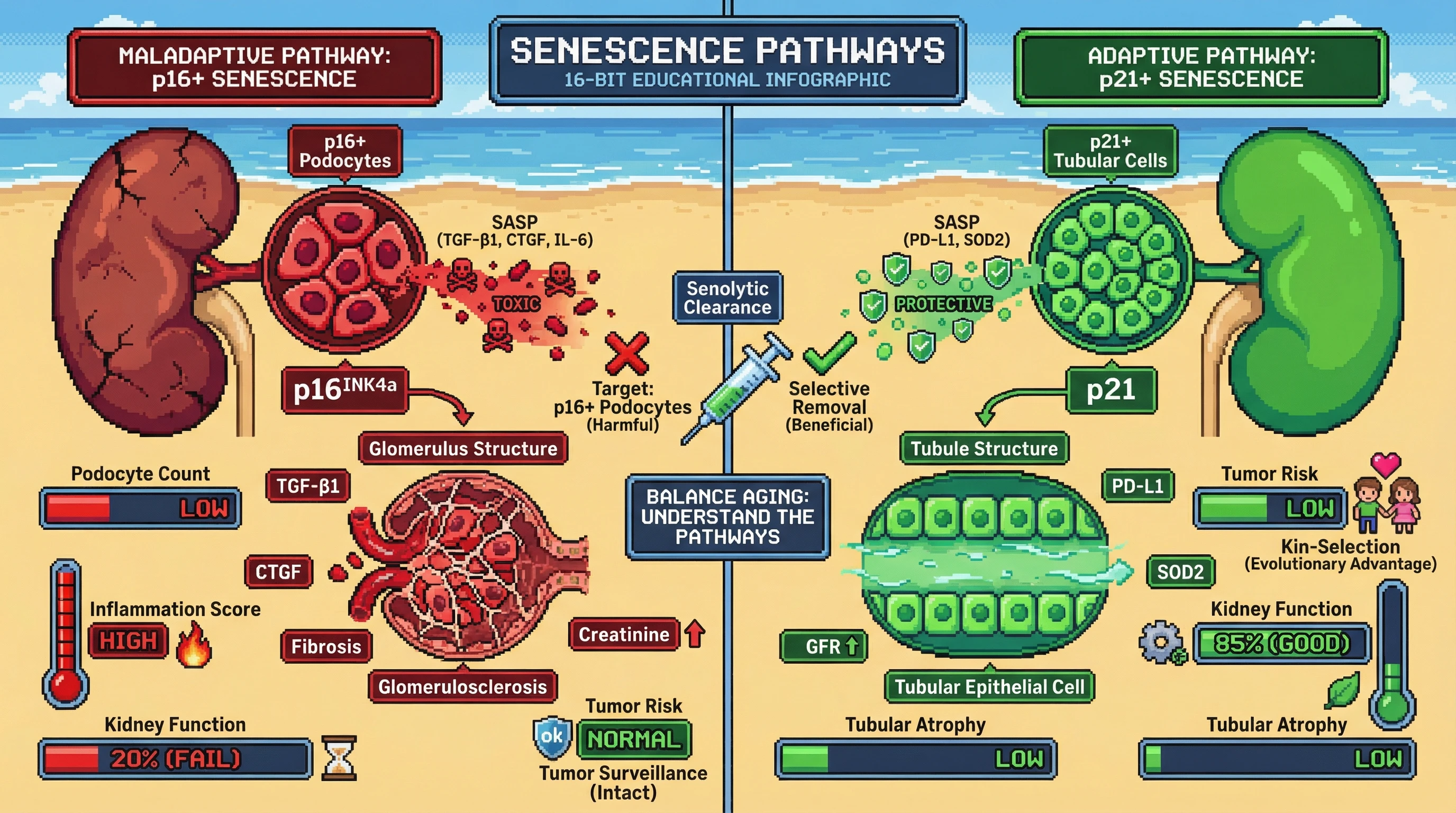 Mechanism: p16+ senescent podocytes drive kidney fibrosis and inflammation through pro-fibrotic SASP, while p21+ senescent tubular cells provide tumor suppression and anti-inflammatory benefits via distinct SASP. Readout: Readout: Selective p16+ cell removal improves GFR and reduces fibrosis, whereas p21+ cell removal increases tumor incidence and compromises kin-selected advantages.