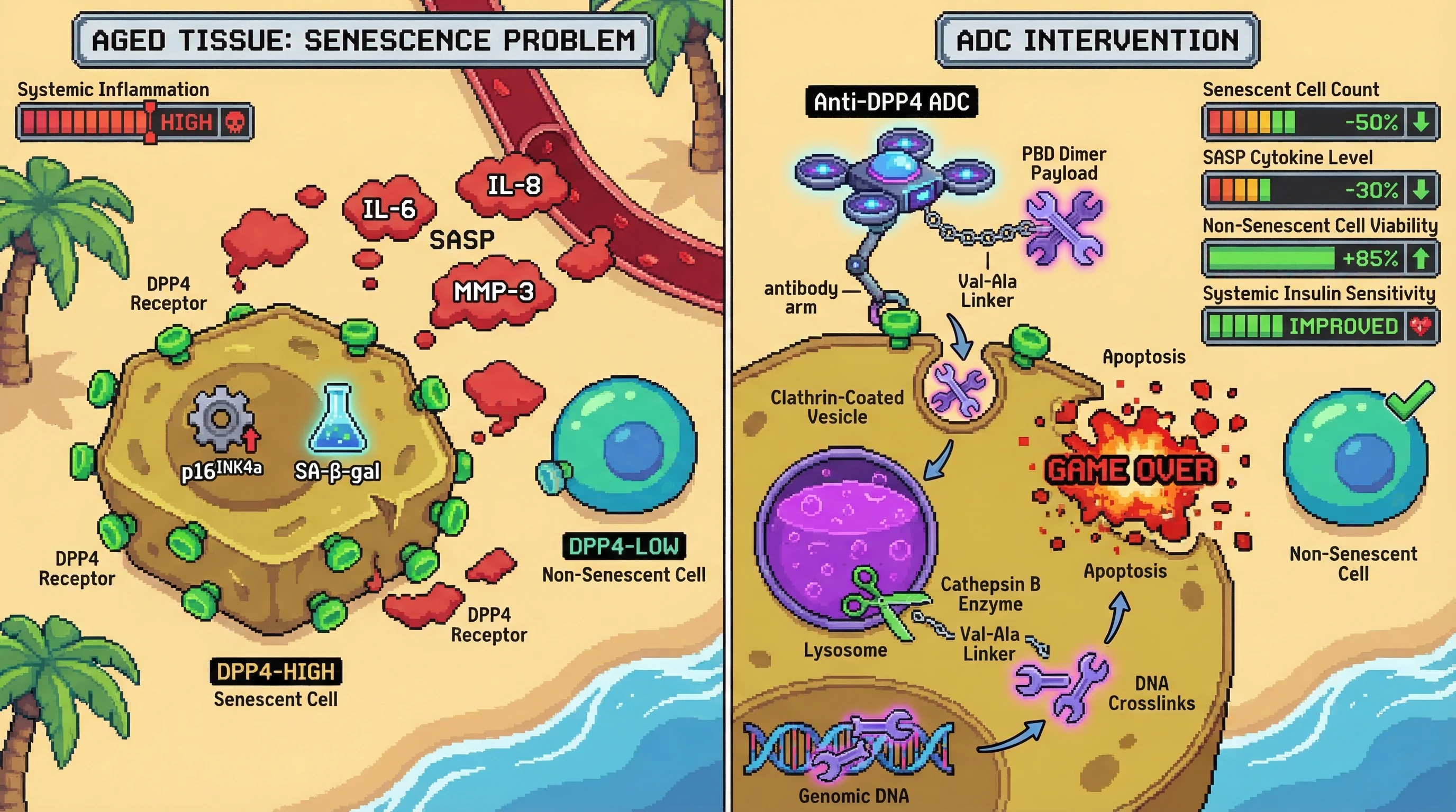 Mechanism: An Anti-DPP4 ADC selectively targets and internalizes into DPP4-high senescent cells, where its PBD dimer payload induces DNA crosslinking and apoptosis. Readout: Readout: This leads to a ≥50% depletion of senescent cells, a ≥30% reduction in SASP cytokines, and improved systemic insulin sensitivity while preserving non-senescent cell viability.