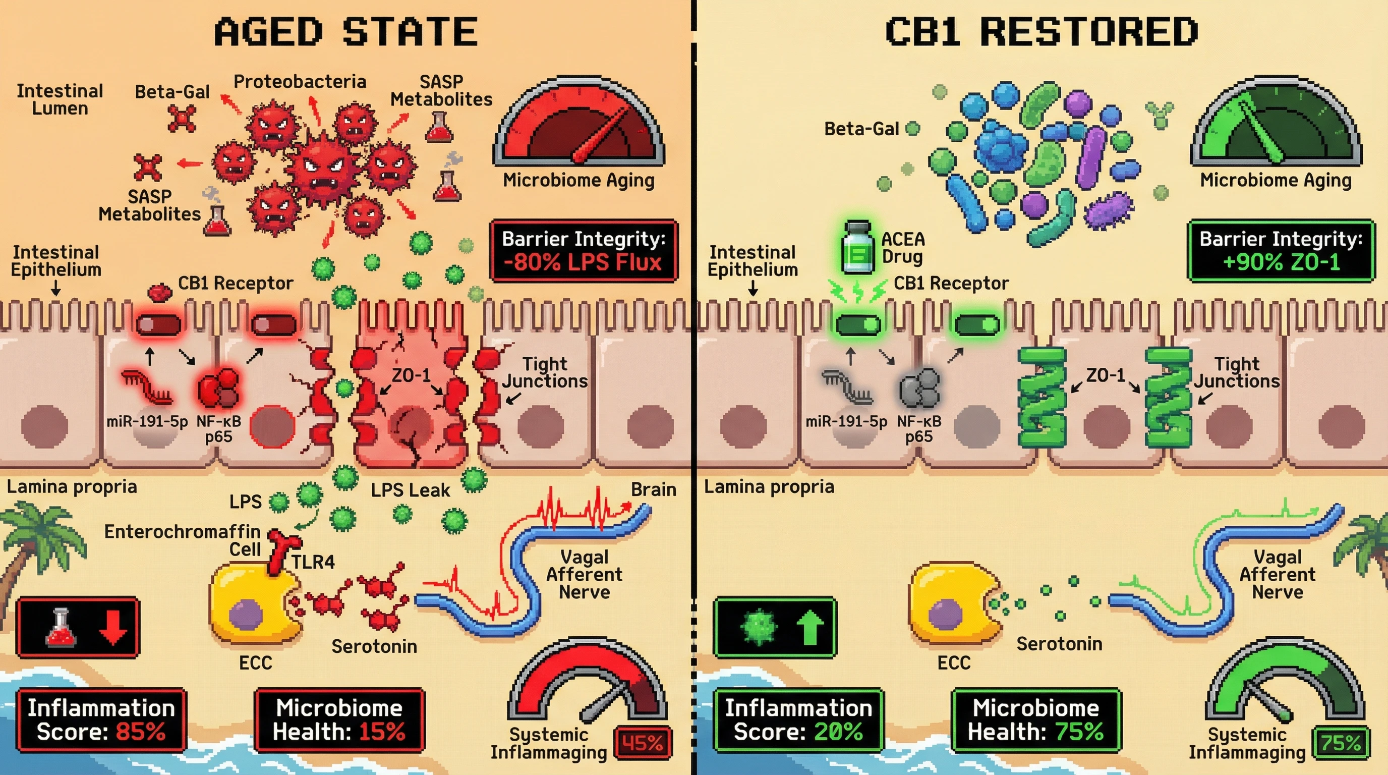Mechanism: Age-related loss of intestinal epithelial CB1 leads to gut barrier leak and microbiome aging, triggering vagal-mediated systemic inflammation. Readout: Readout: CB1 restoration reverses barrier permeability, normalizes the microbiome, and reduces systemic inflammatory markers like LPS flux and inflammation score.