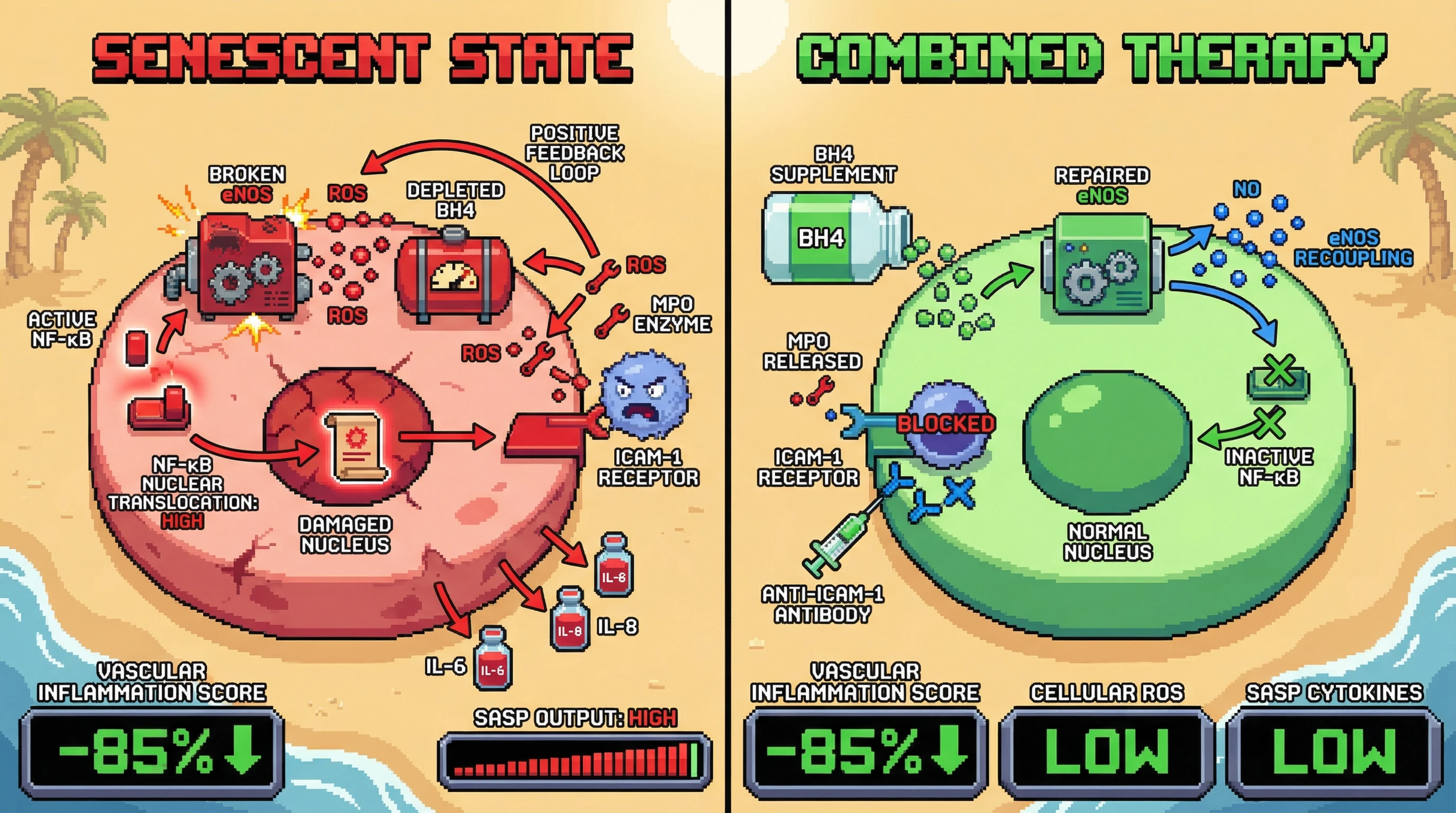Infographic for: Synergistic eNOS Recoupling and ICAM-1 Blockade Disrupts SASP-Driven Vascular Inflammation