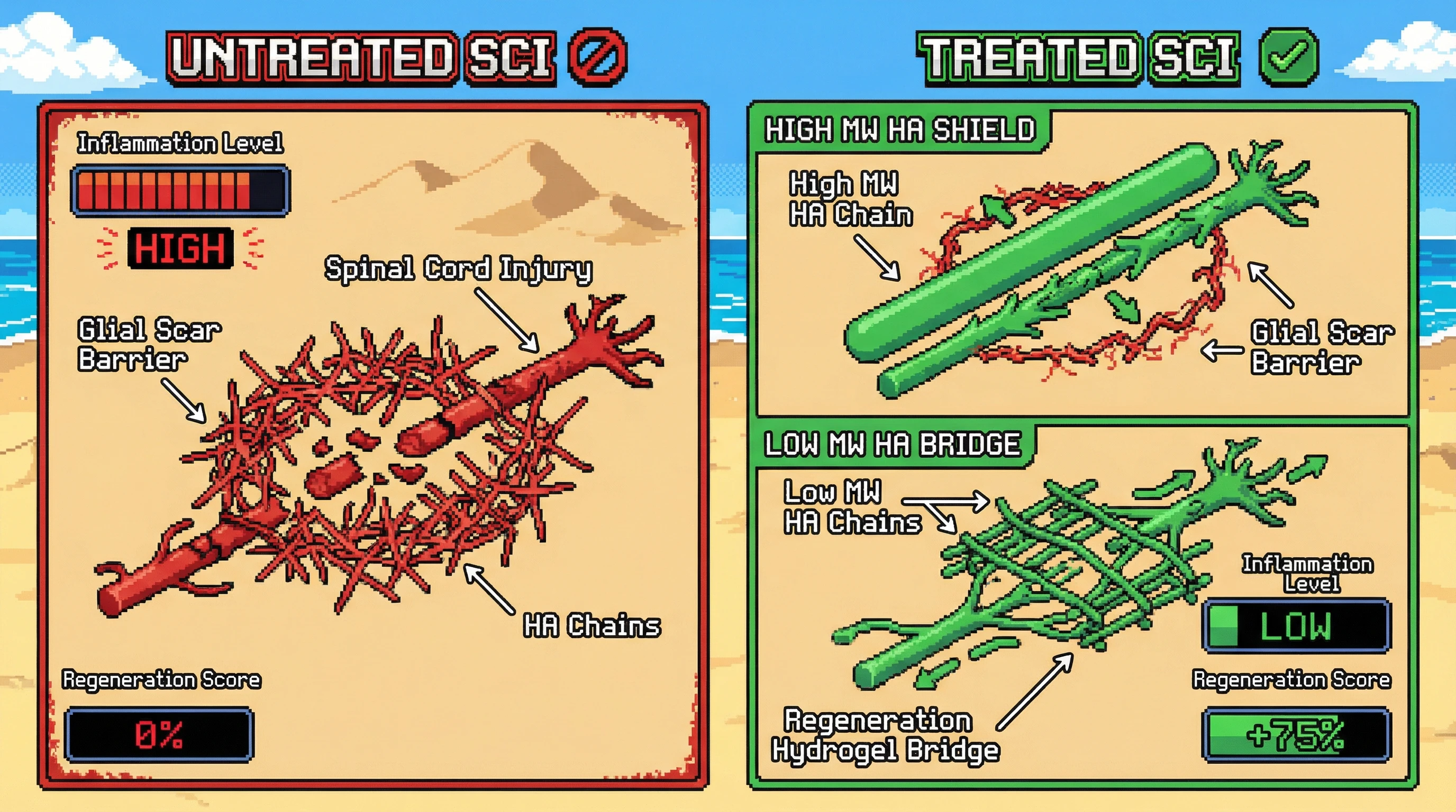 This infographic illustrates how hyaluronic acid's molecular weight acts as a therapeutic switch after spinal cord injury, with high molecular weight HA suppressing scarring and low molecular weight HA promoting regeneration.