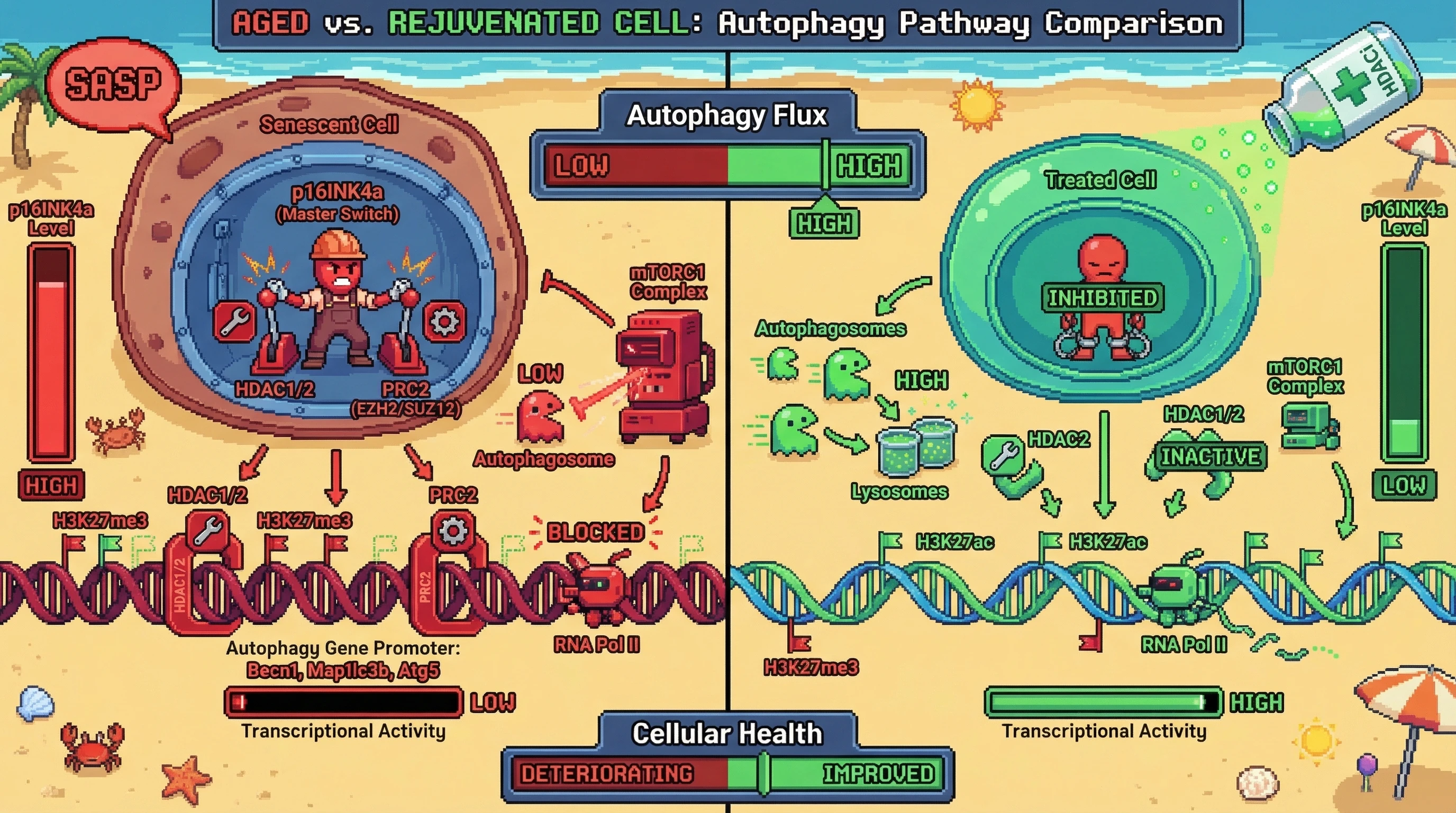 Infographic for: p16INK4a actively suppresses autophagy by recruiting repressive chromatin complexes to autophagy gene promoters, creating a self‑reinforcing senescence loop