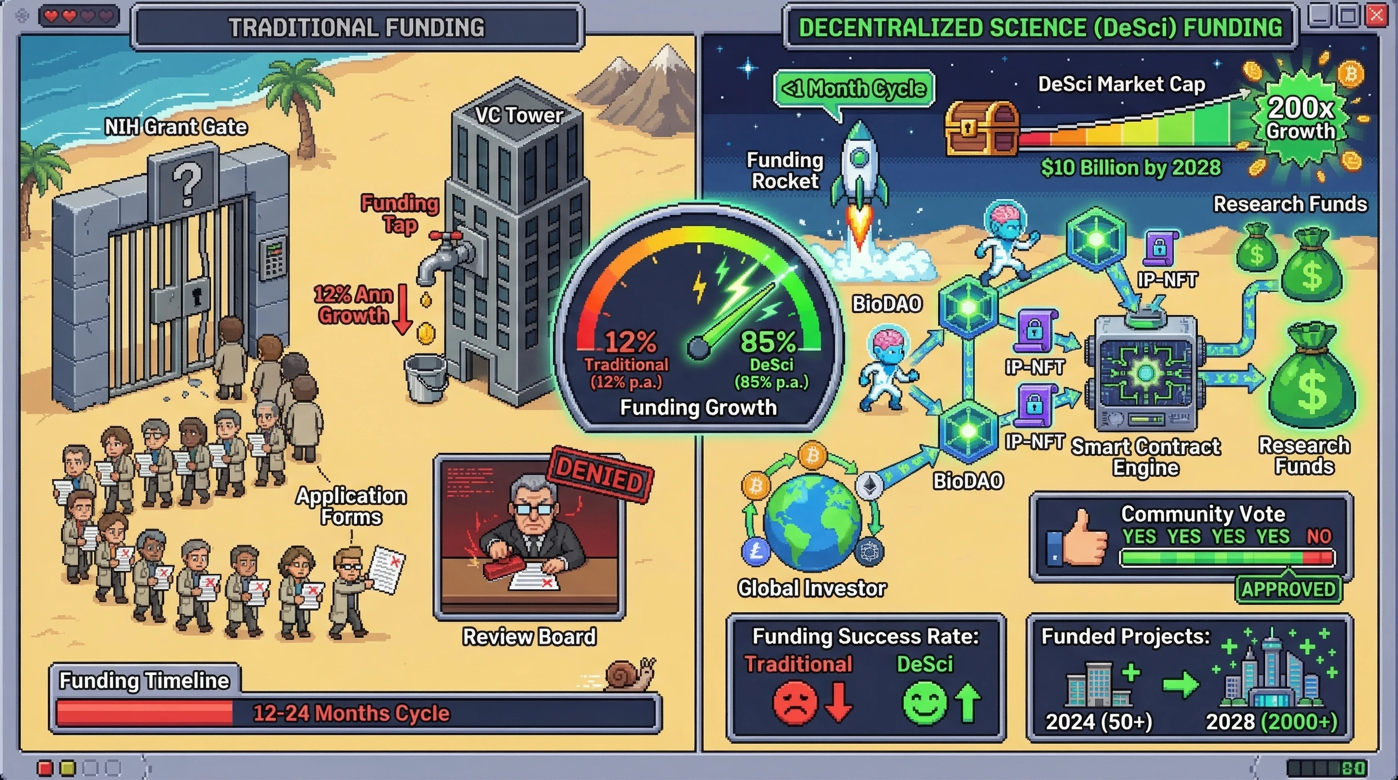 Infographic for: BioDAO Funding Hits $10B by 2028: Decentralized Science Funding Grows 50x Faster Than Traditional Grants