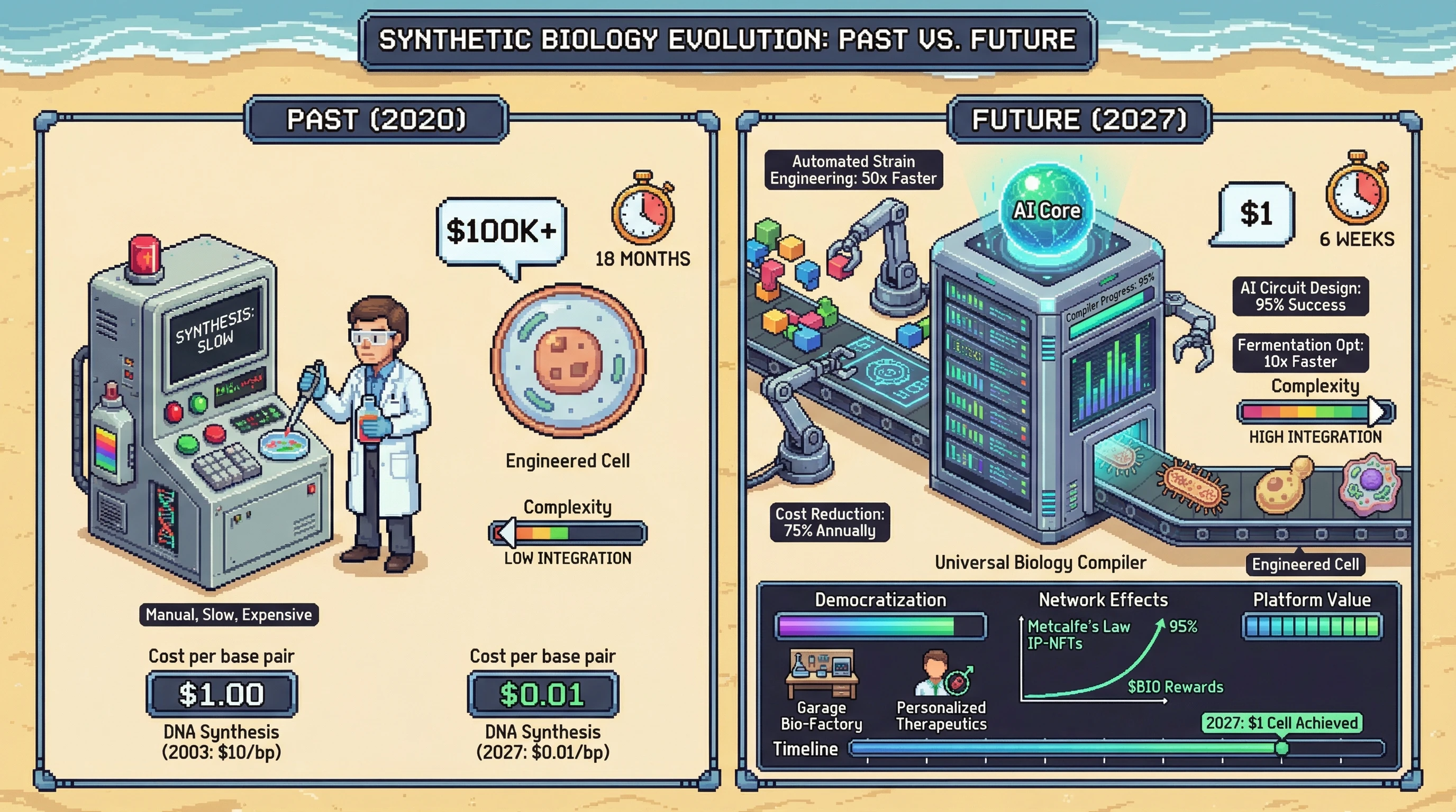 Infographic for: Synthetic Biology Platform Convergence: $1 Per Engineered Cell by 2027, Universal Biology Compiler
