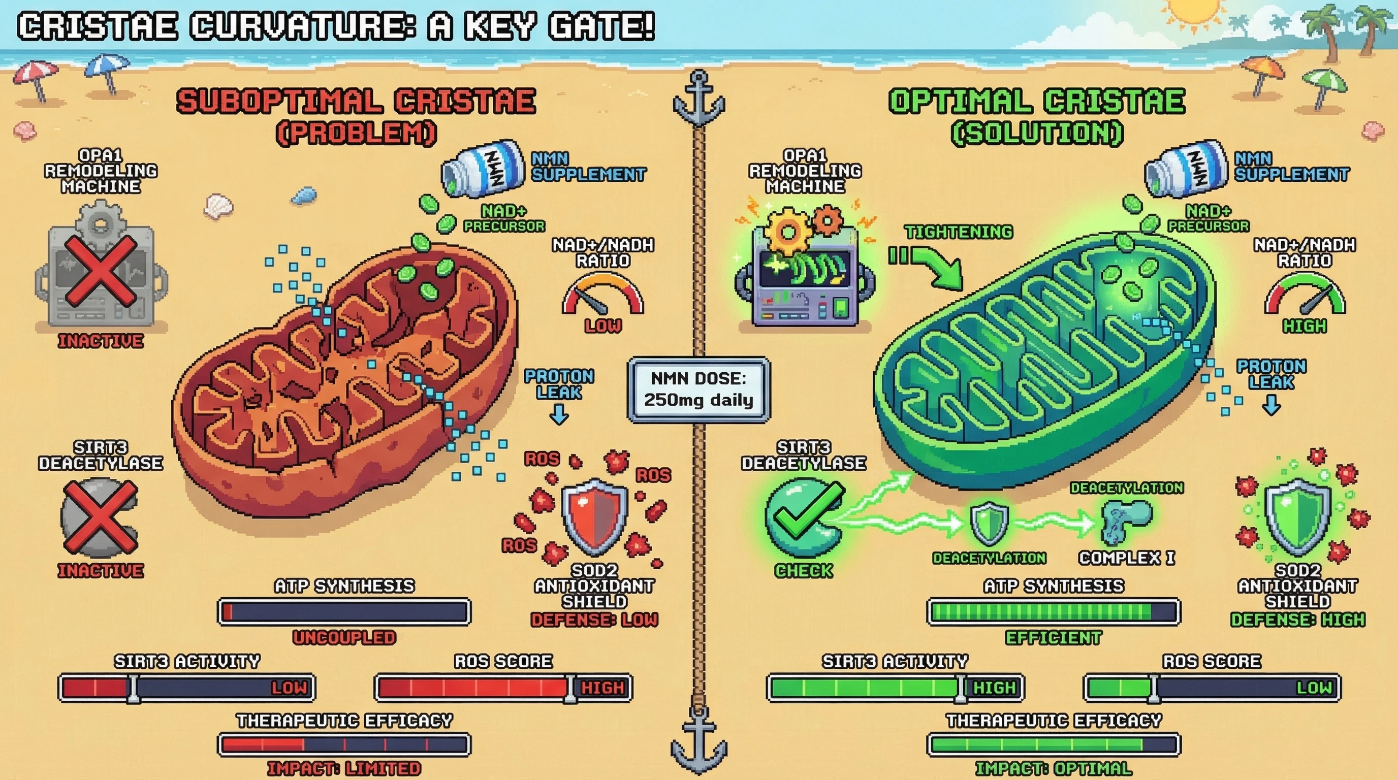 Infographic for: Cristae curvature gates NAD+ salvage efficacy: a testable model linking OPA1-dependent membrane remodeling to sirtuin activation and proton leak