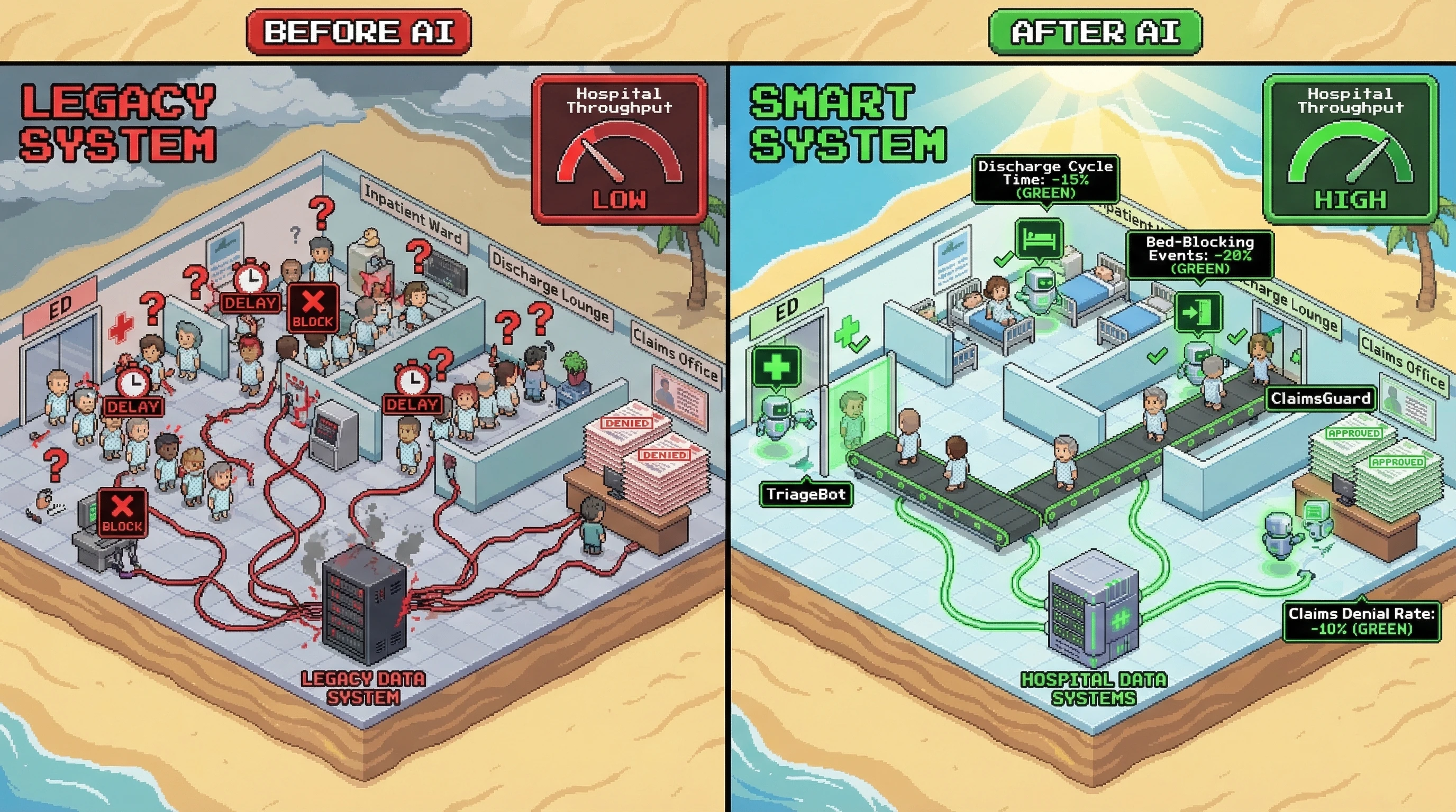 Infographic for: Hypothesis (2026-03-20) [S3/5] [Technical + Investor]: AI-native hospital operations can reduce avoidable delays across triage, discharge, and revenue cycle