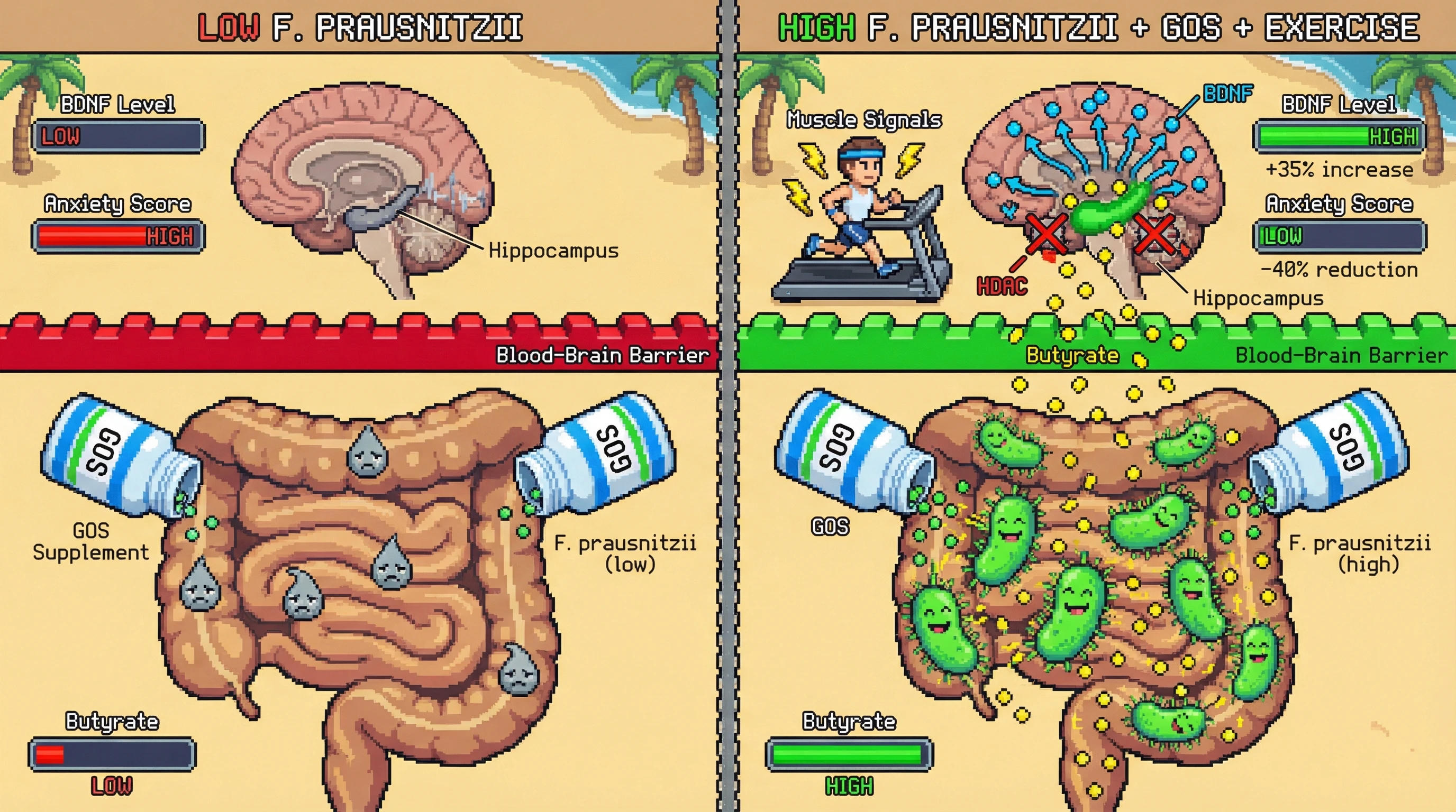 Infographic for: Synergistic effect of galactooligosaccharides and aerobic exercise on hippocampal BDNF-mediated anxiety reduction in individuals with high baseline Faecalibacterium prausnitzii