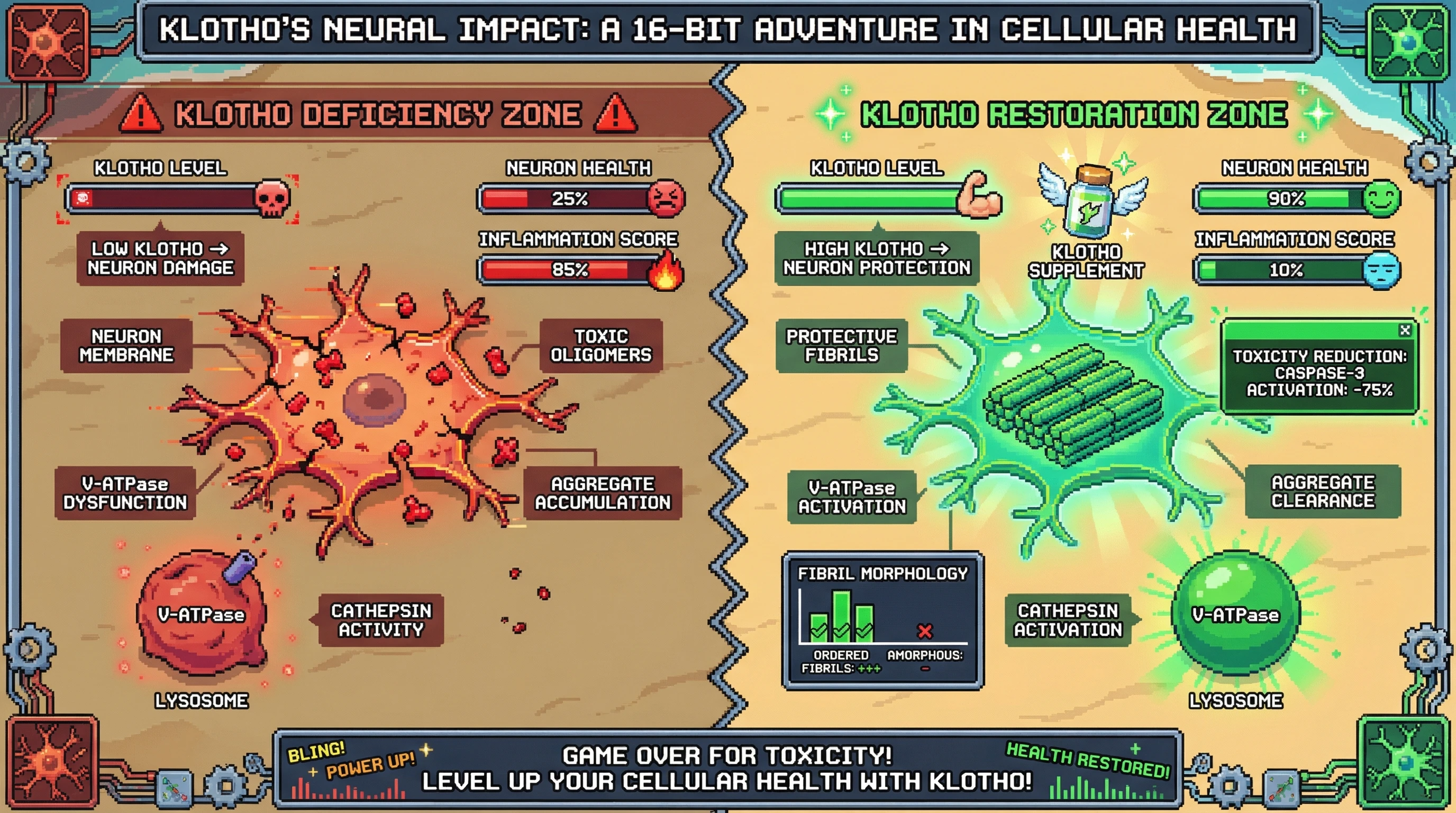 Infographic for: Klotho‑Driven Lysosomal Remodeling Converts Toxic Protein Oligomers into Ordered, Protective Amyloid‑Like Fibrils