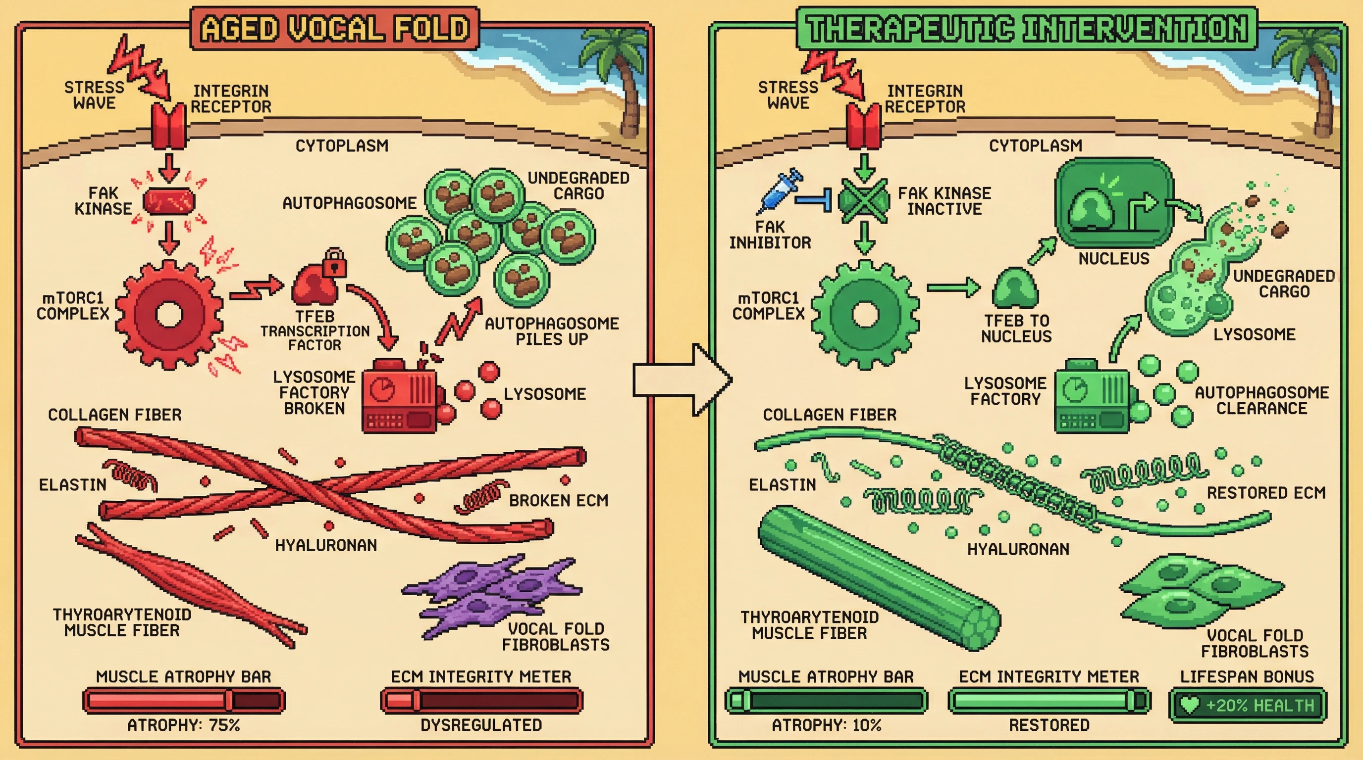 Mechanism: Chronic phonatory stress activates FAK-mTORC1 signaling, retaining TFEB in the cytoplasm and causing lysosomal insufficiency, leading to undegraded cargo accumulation, ECM dysregulation, and muscle atrophy. Readout: Readout: Inhibiting FAK or activating TFEB restores lysosomal function, normalizes ECM, preserves muscle fiber cross-sectional area, and boosts 'Lifespan Bonus' by 20%.