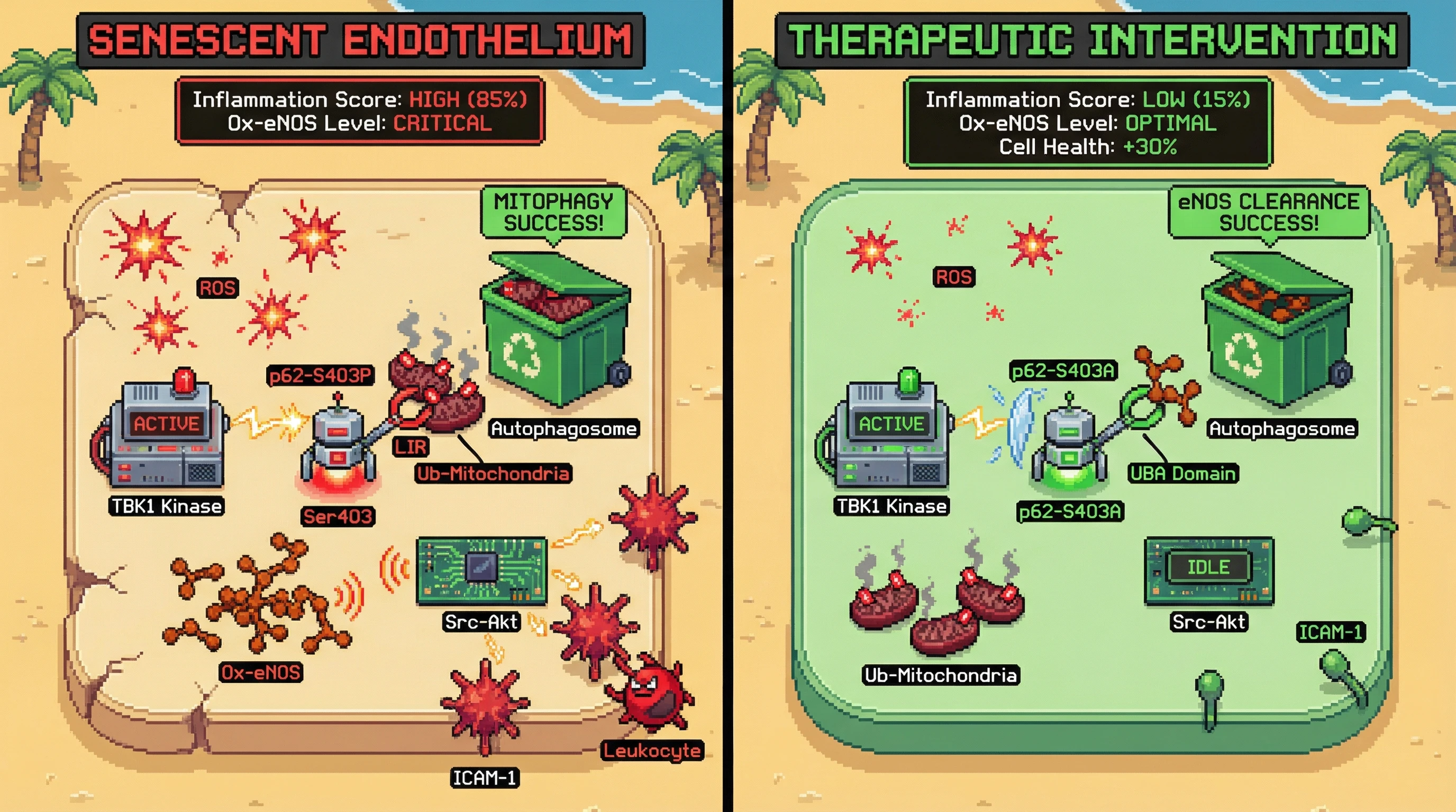 Infographic for: p62‑Mediated Cargo Hierarchy Determines Oxidized eNOS Clearance and Drives ICAM‑1‑Dependent Endothelial Senescence