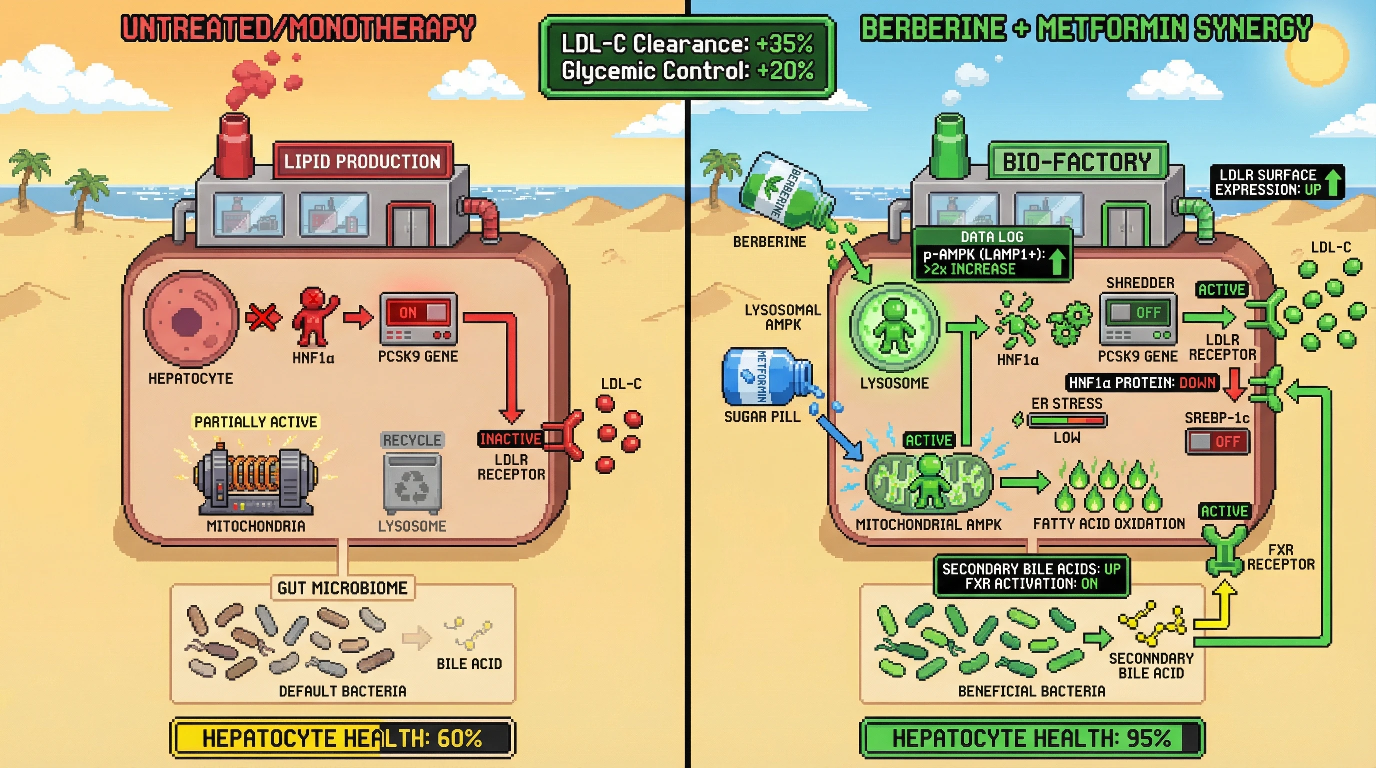 Infographic for: Berberine‑Metformin Synergy via Lysosomal AMPK‑Driven HNF1α Degradation and Microbiome‑Mediated Bile Acid Signaling
