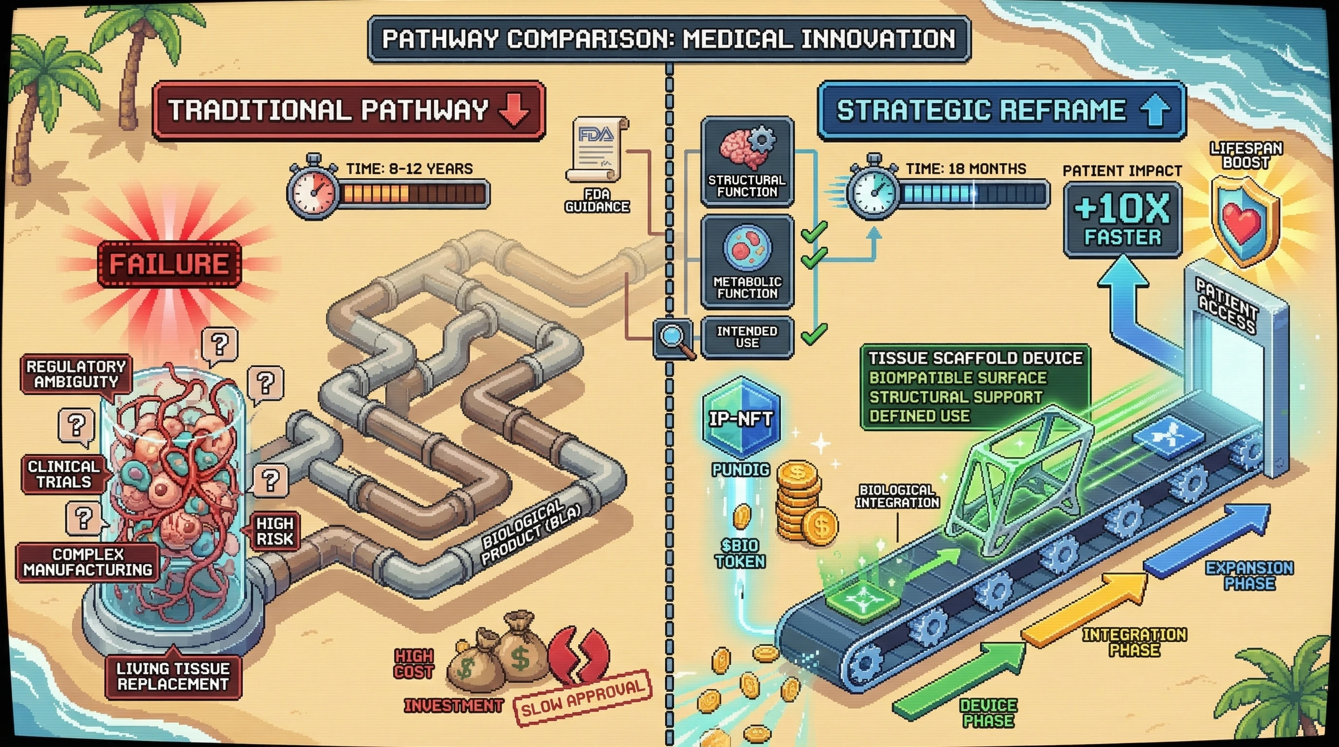 Mechanism: Tissue-engineered constructs are reframed from complex 'biological products' to 'structural support devices' to navigate regulatory pathways. Readout: Readout: This reclassification reduces regulatory approval time from 8-12 years to 18 months, enabling 10x faster patient access.