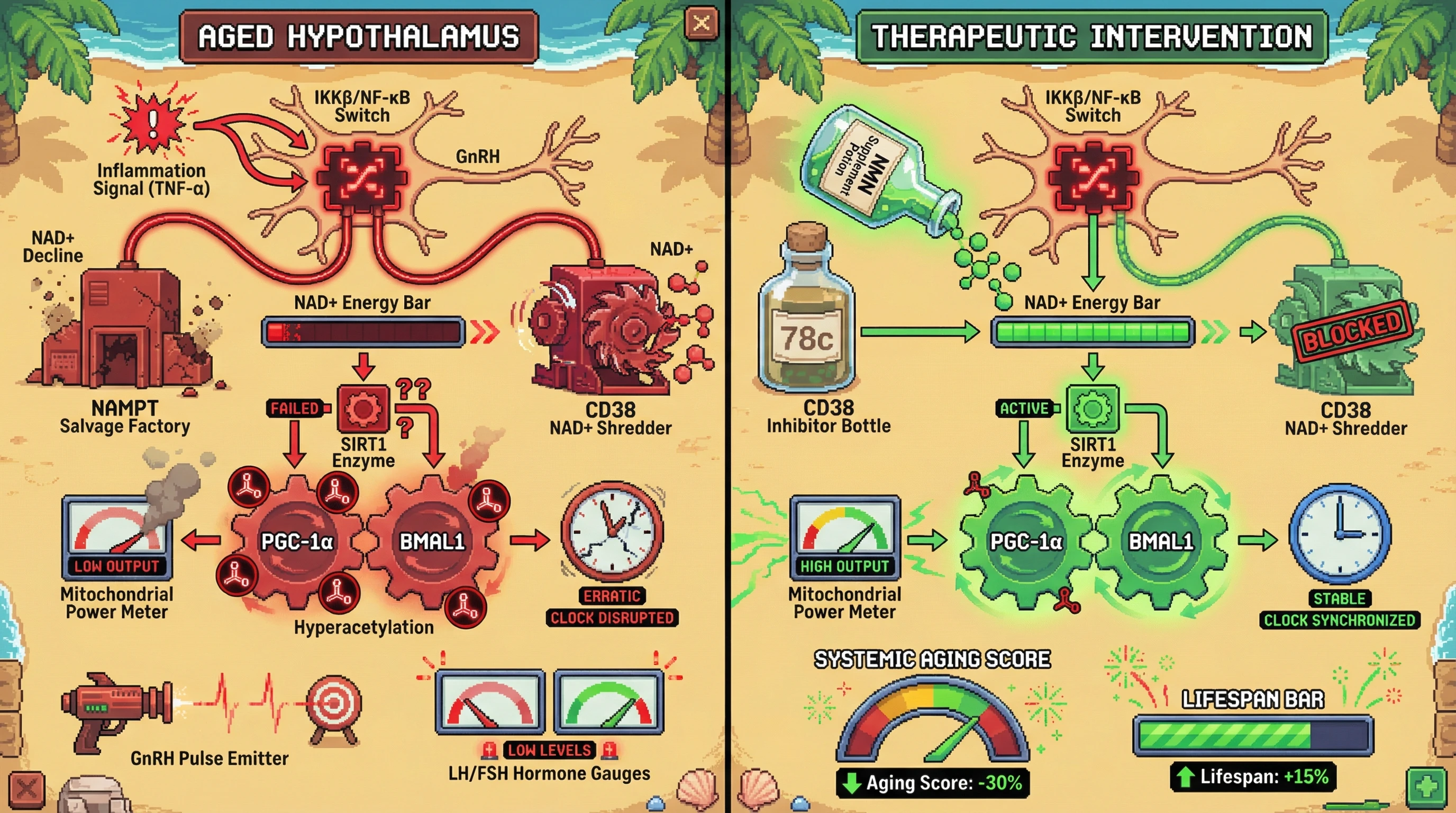 Infographic for: Hypothalamic NF-κB drives programmed NAD+ decline by suppressing NAMPT and elevating CD38, linking neuroinflammation to metabolic aging