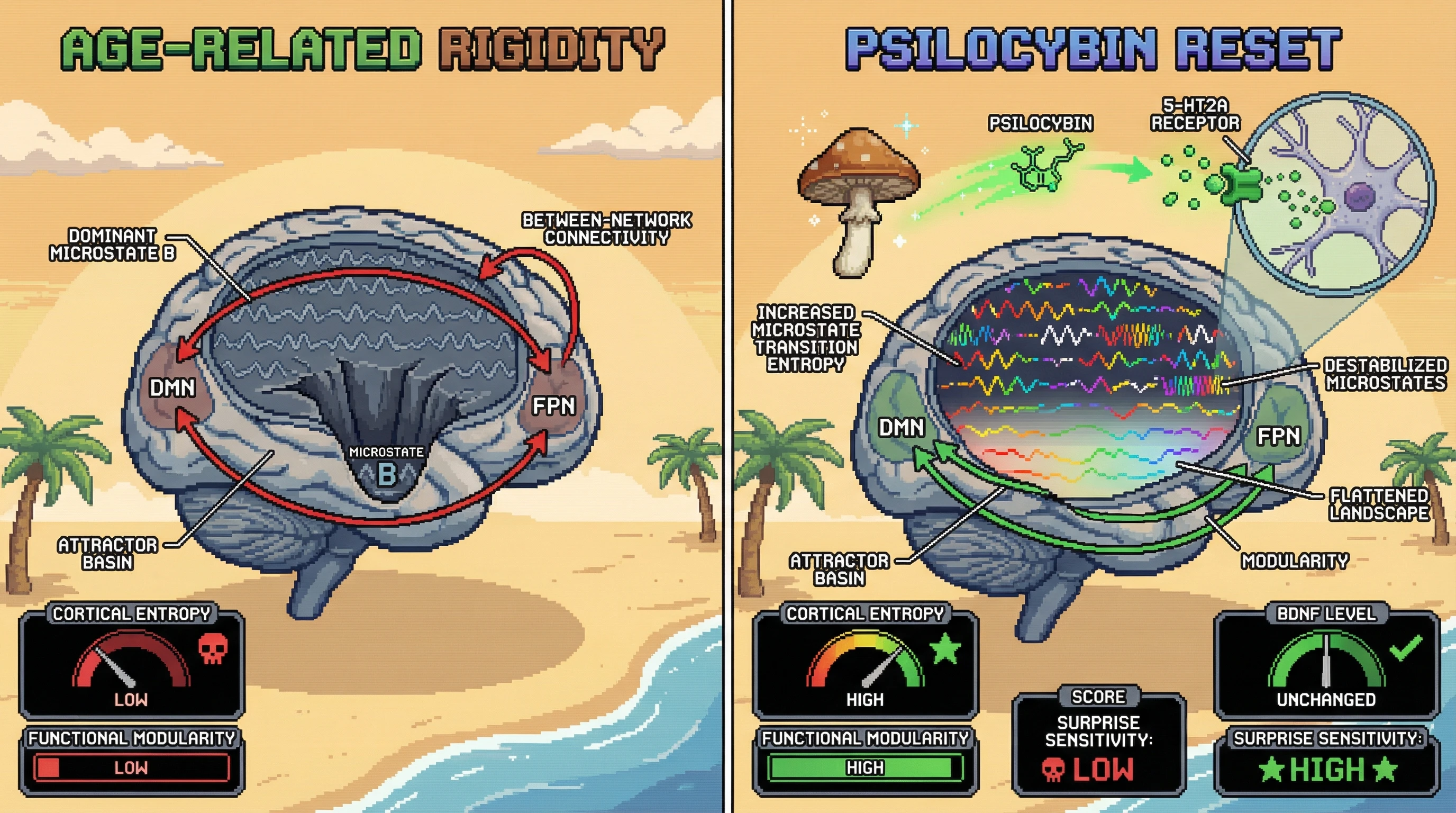 Infographic for: Psilocybin-induced entropy as a reset for age-related functional rigidity