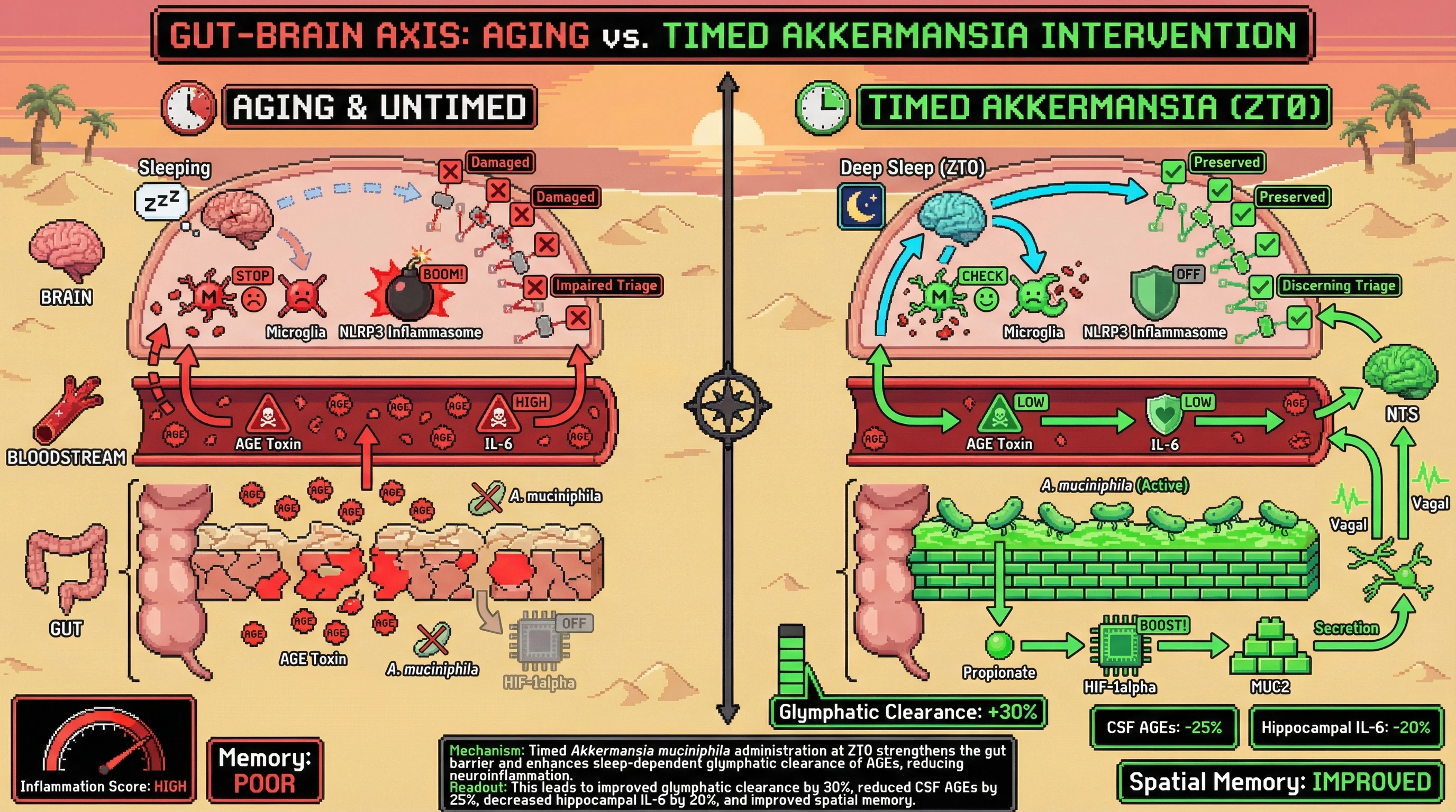 Infographic for: Timed Akkermansia muciniphila Supplementation Aligns Gut Barrier Repair with Sleep-Dependent Glymphatic Triage to Protect Brain Homeostasis