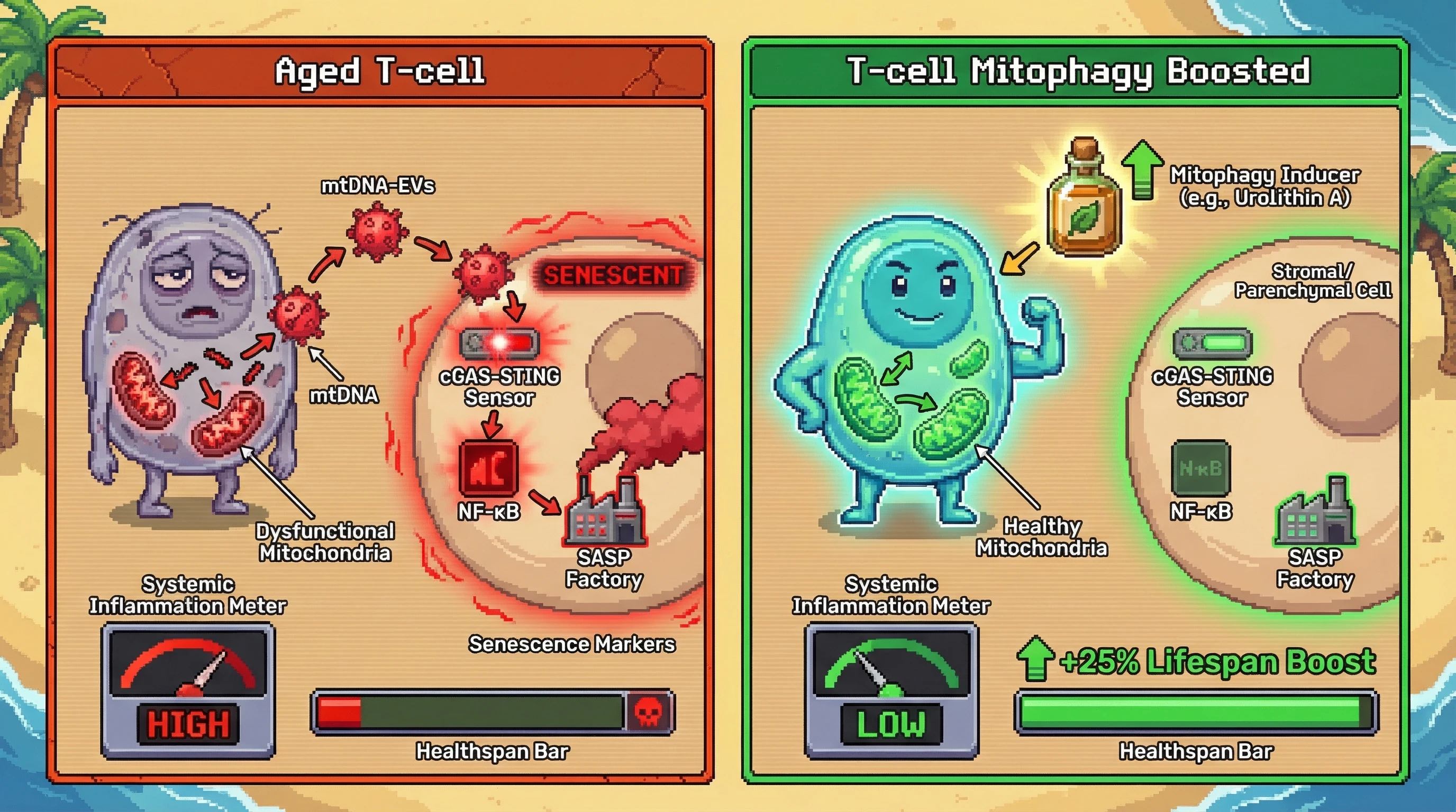 Infographic for: T-cell mitochondrial DNA export via extracellular vesicles drives systemic senescence through cGAS-STING activation, and boosting T-cell mitophagy will blunt this axis to extend healthspan